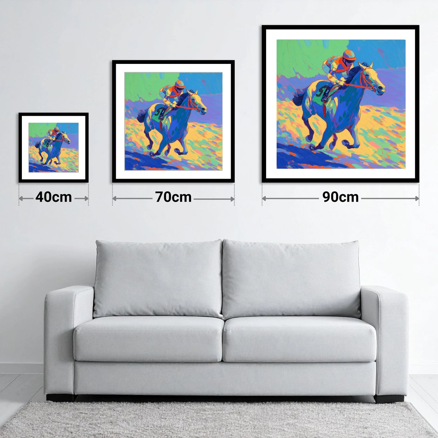 Technicolour Gallop - size guide showing 40cm, 70cm and 90cm art prints