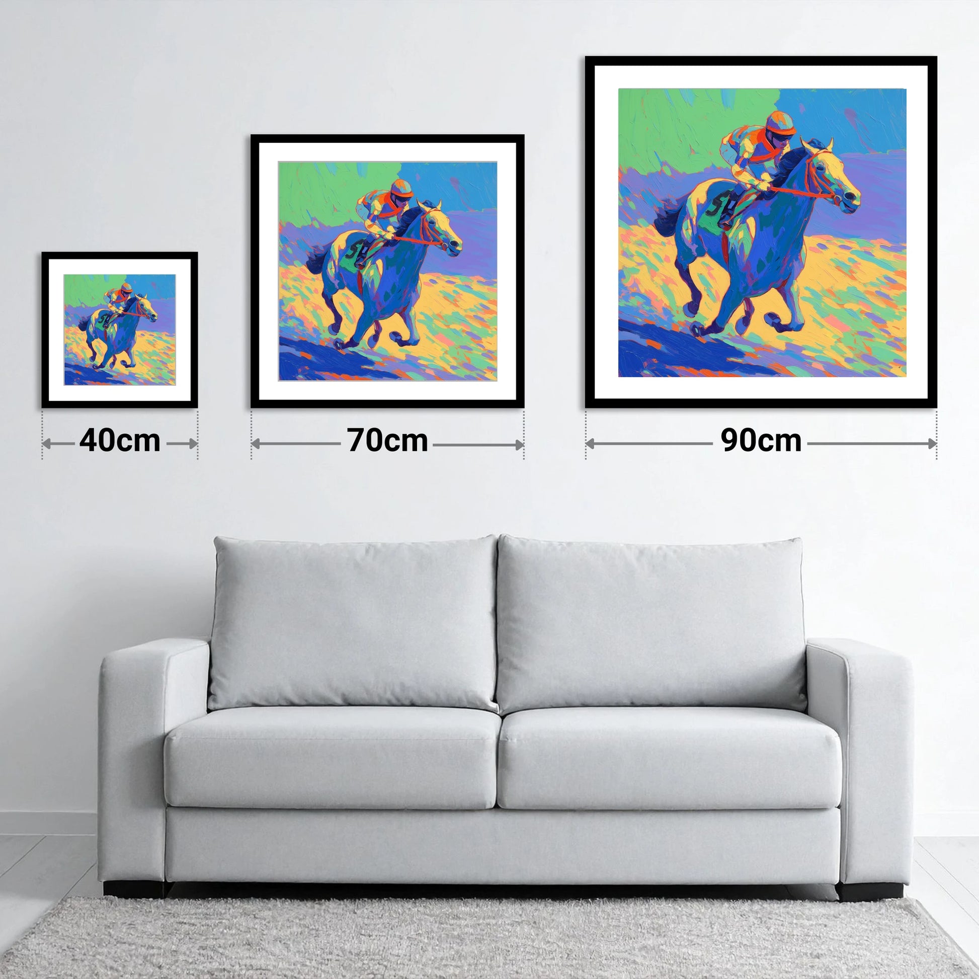 Technicolour Gallop - size guide showing 40cm, 70cm and 90cm art prints