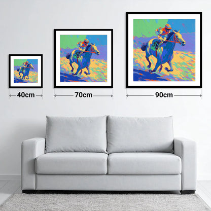 Technicolour Gallop - size guide showing 40cm, 70cm and 90cm art prints
