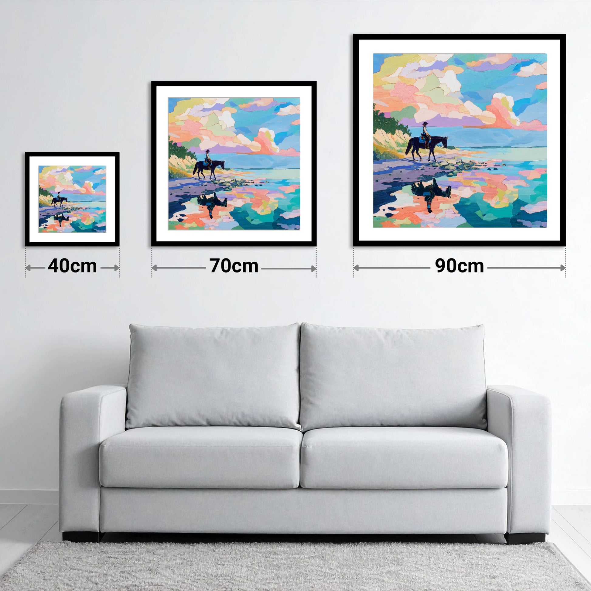 Technicolour Tide - size guide showing 40cm, 70cm and 90cm art prints