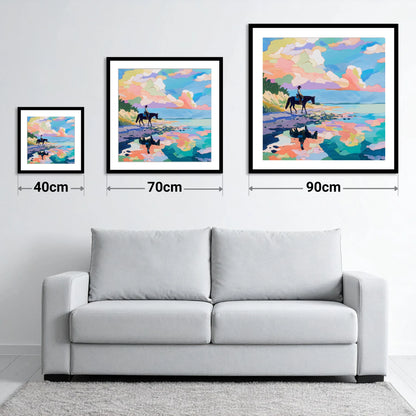 Technicolour Tide - size guide showing 40cm, 70cm and 90cm art prints