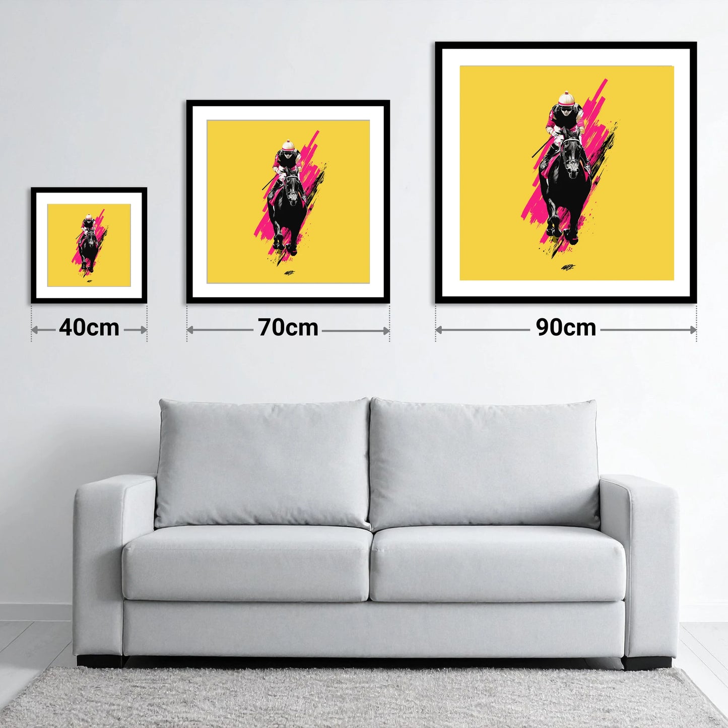 The Front Runner - size guide showing 40cm, 70cm and 90cm art prints
