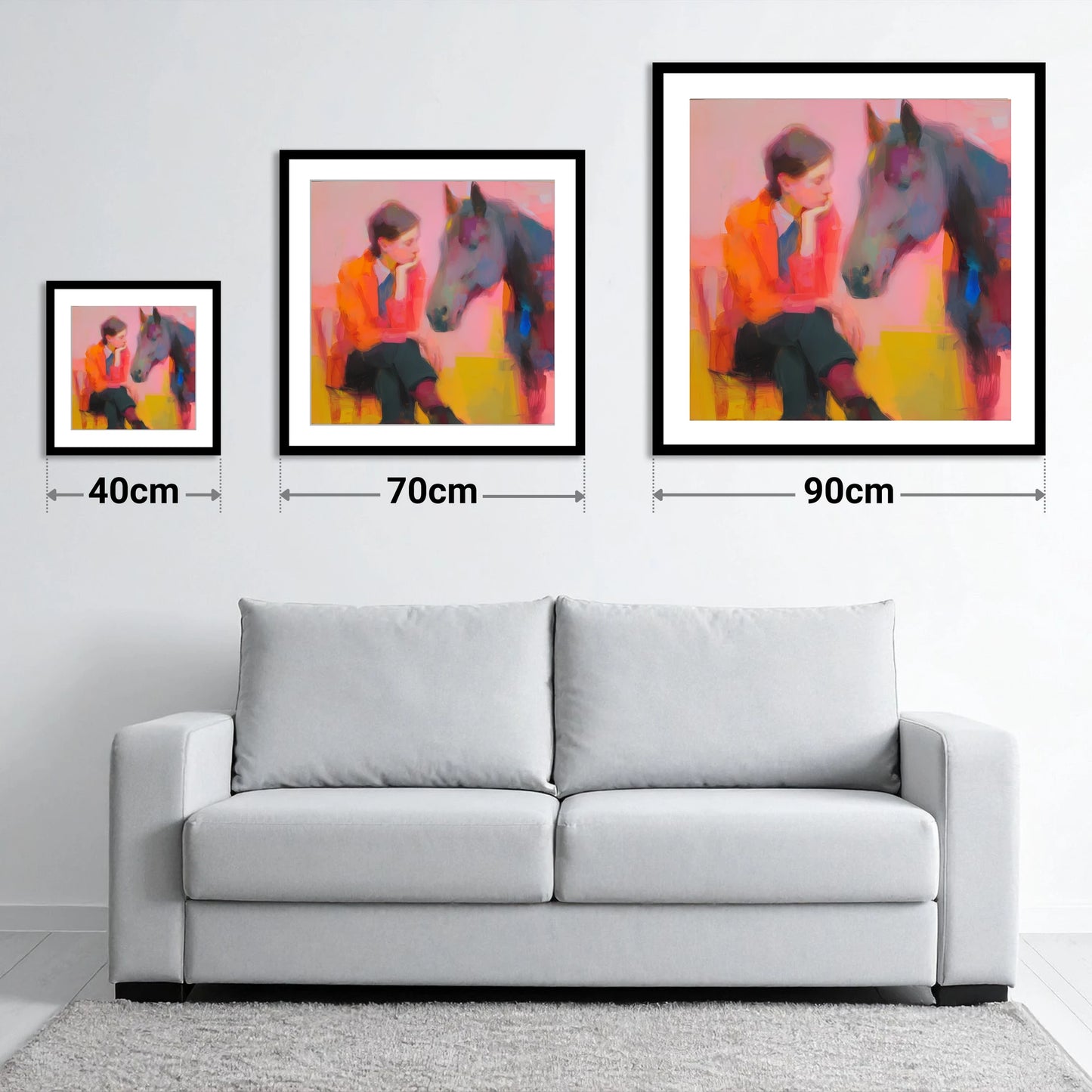 Vivid Connection - size guide showing 40cm, 70cm and 90cm art prints