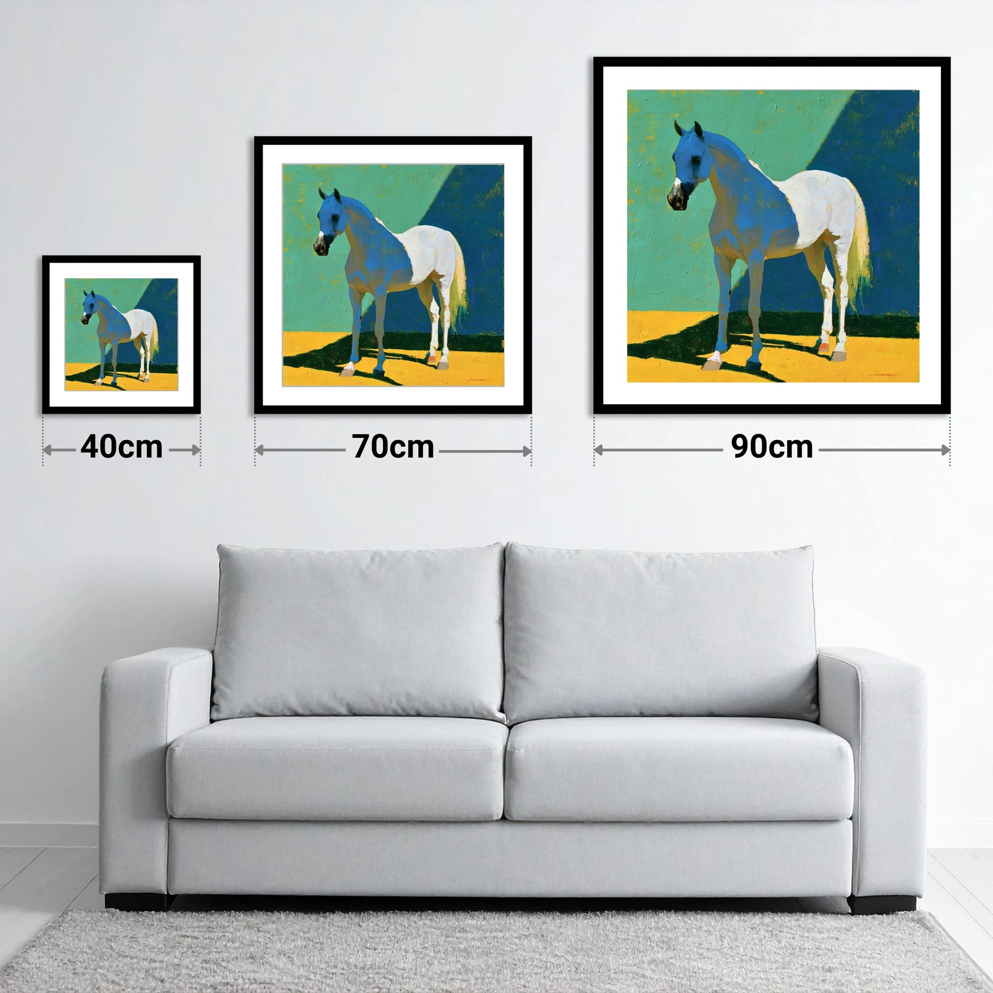 Grey Arabian with Blue Shadows - size guide showing 40cm, 70cm and 90cm art prints