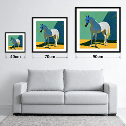 Grey Arabian with Blue Shadows - size guide showing 40cm, 70cm and 90cm art prints