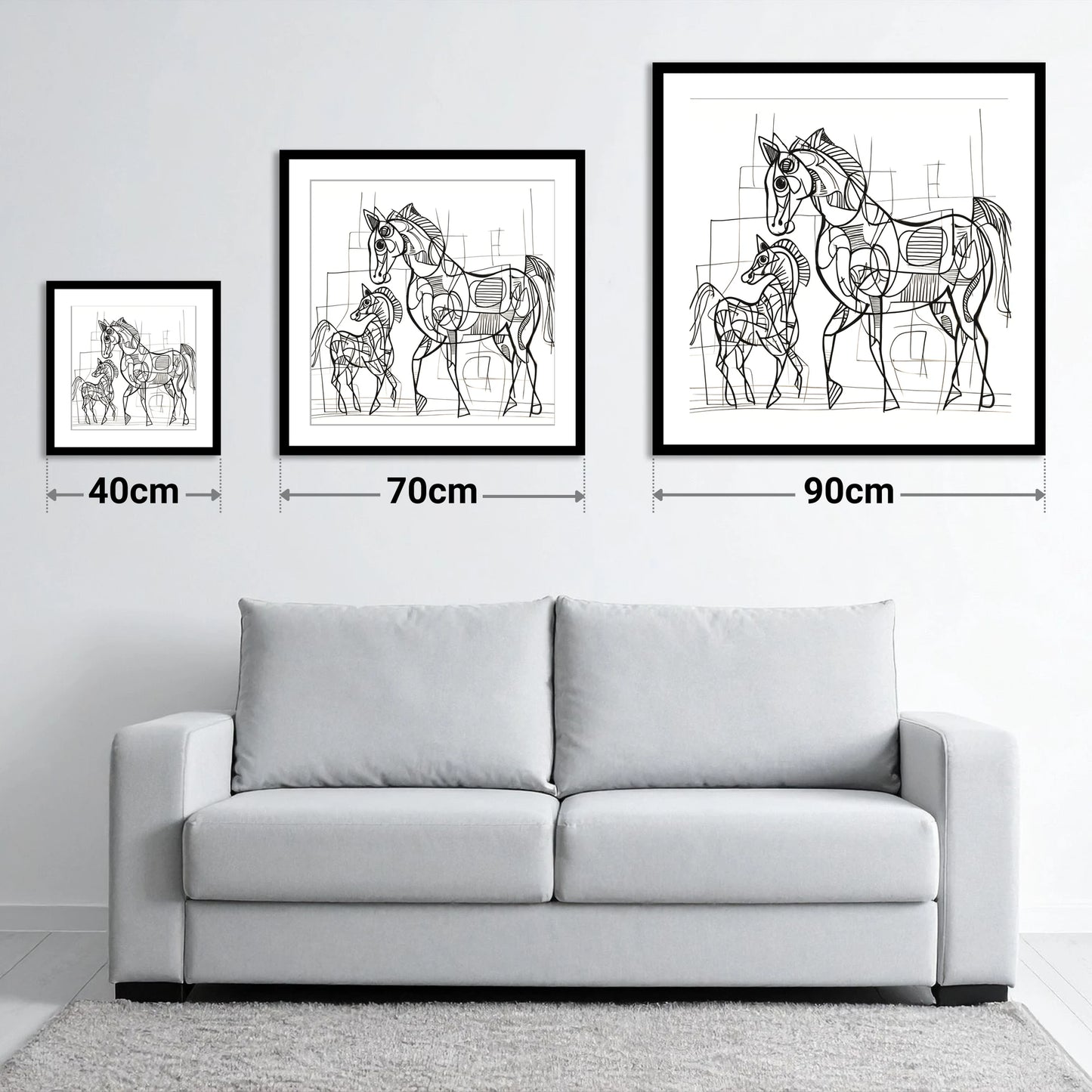 Linear Connection - size guide showing 40cm, 70cm and 90cm art prints