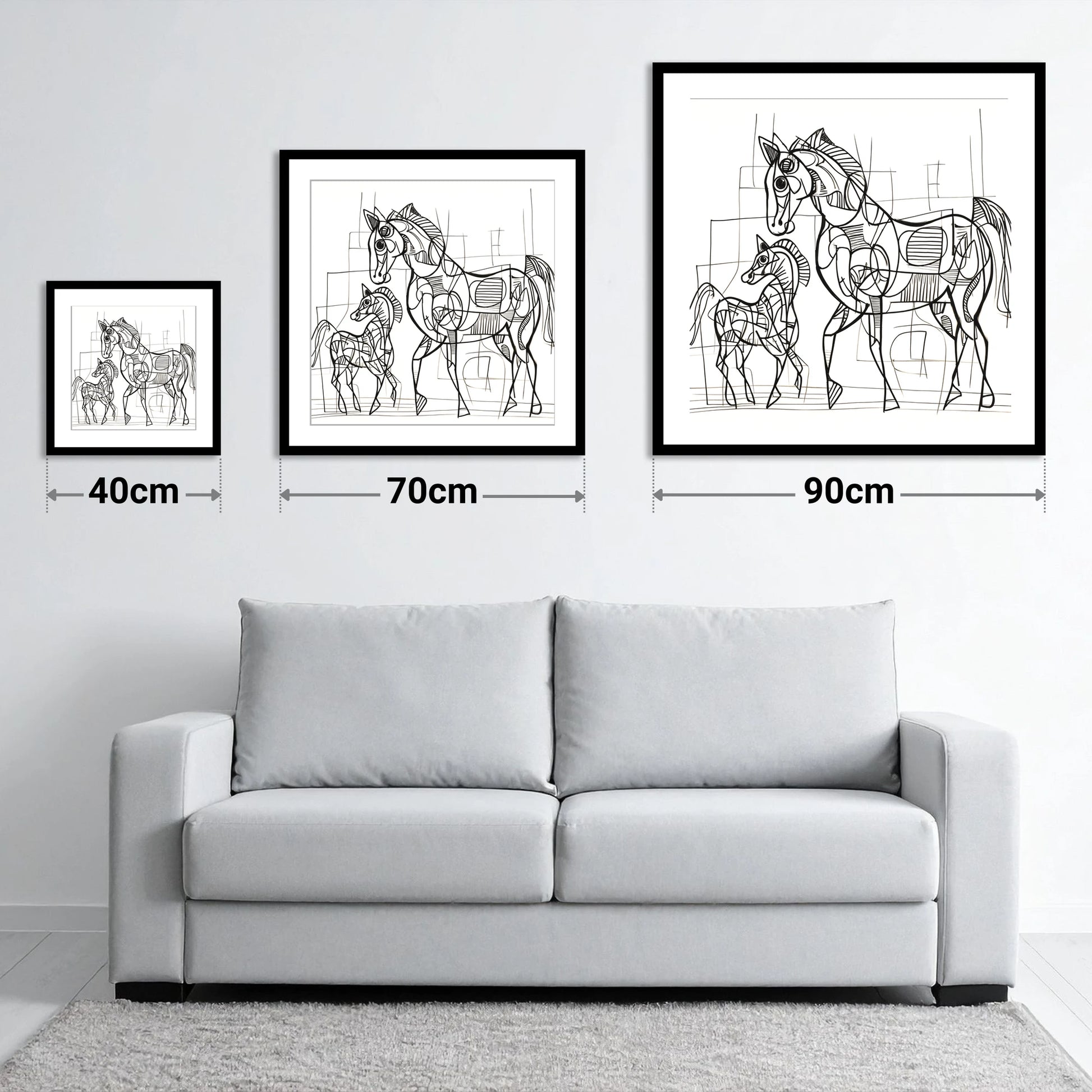 Linear Connection - size guide showing 40cm, 70cm and 90cm art prints