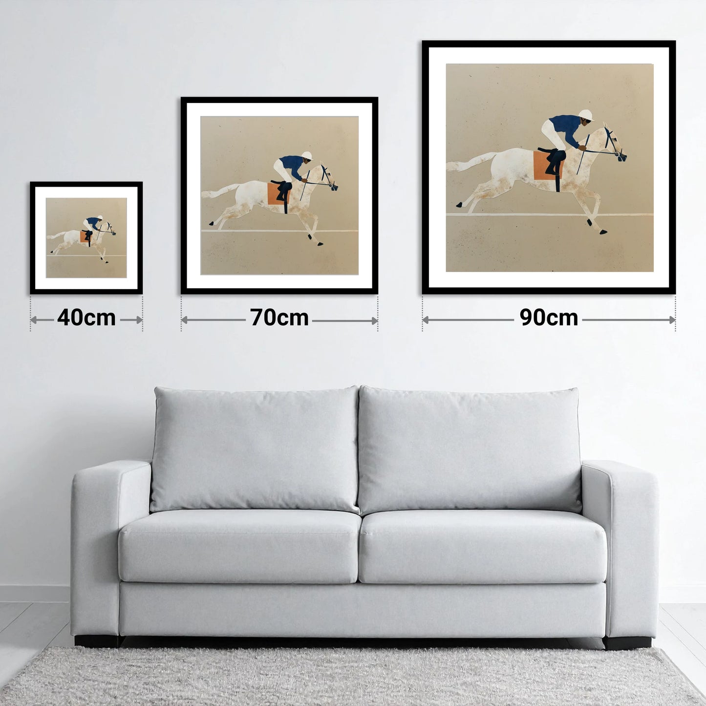 The Final Stride - size guide showing 40cm, 70cm and 90cm art prints