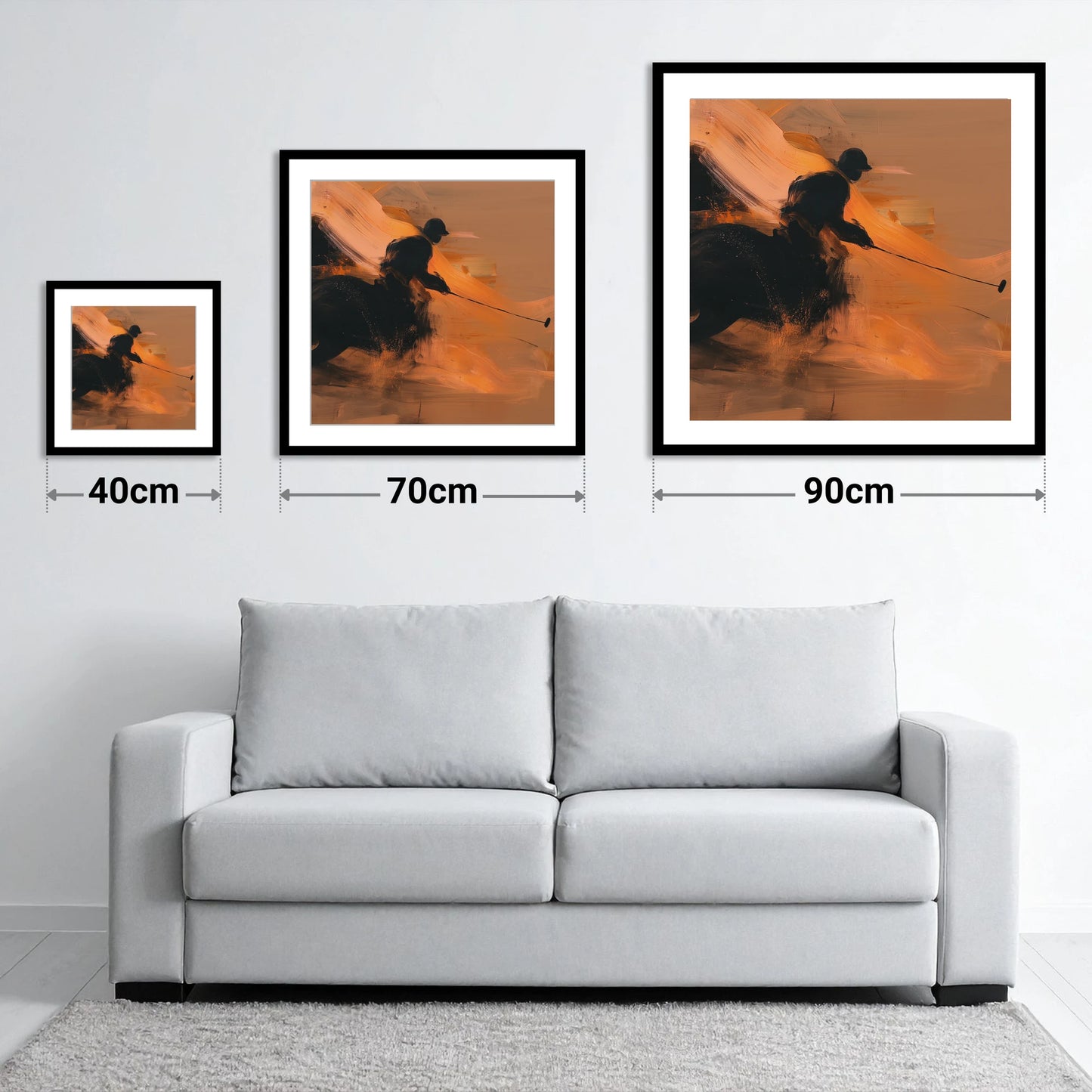 The Decisive Strike - size guide showing 40cm, 70cm and 90cm art prints