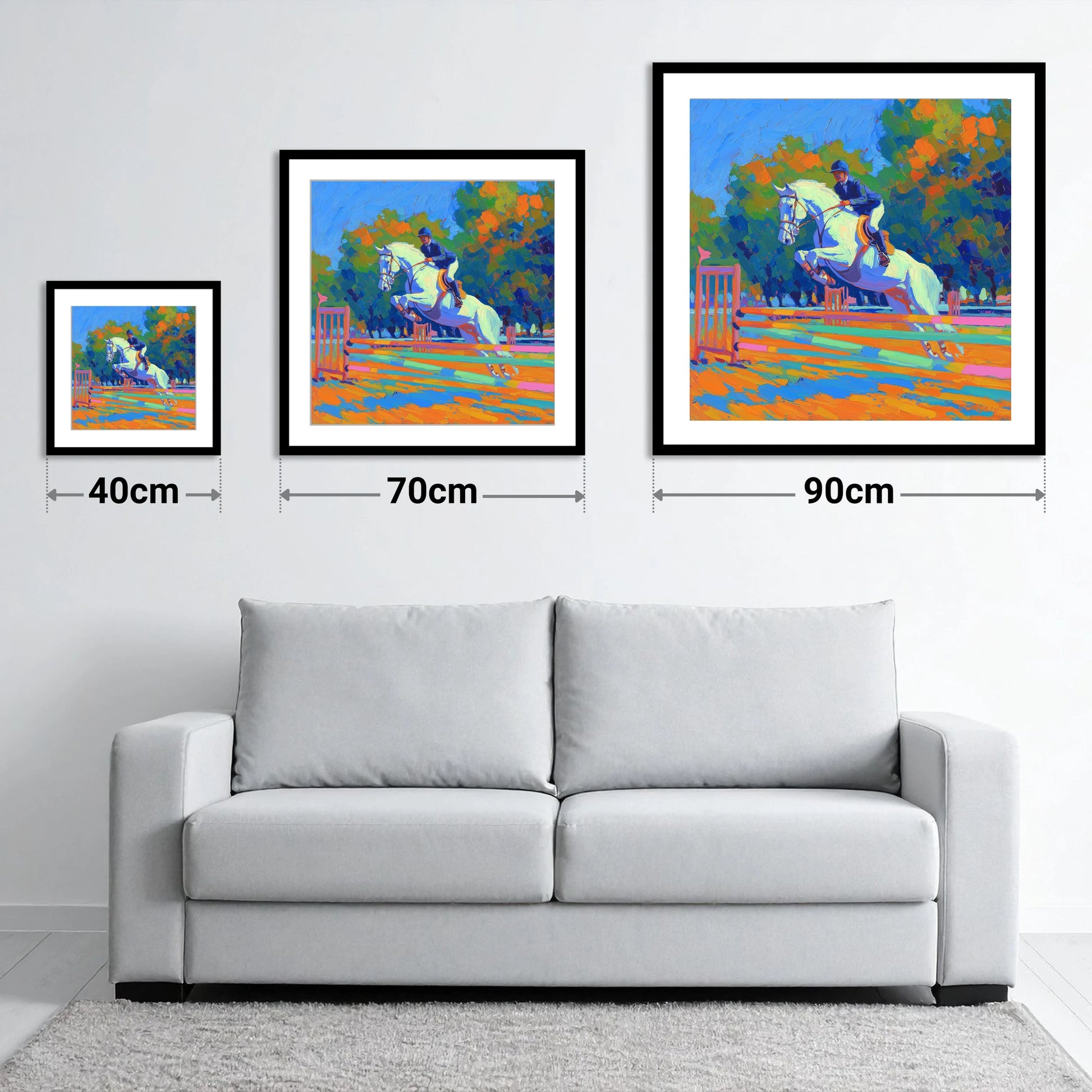 Vibrant Showjumping Leap - size guide showing 40cm, 70cm and 90cm art prints