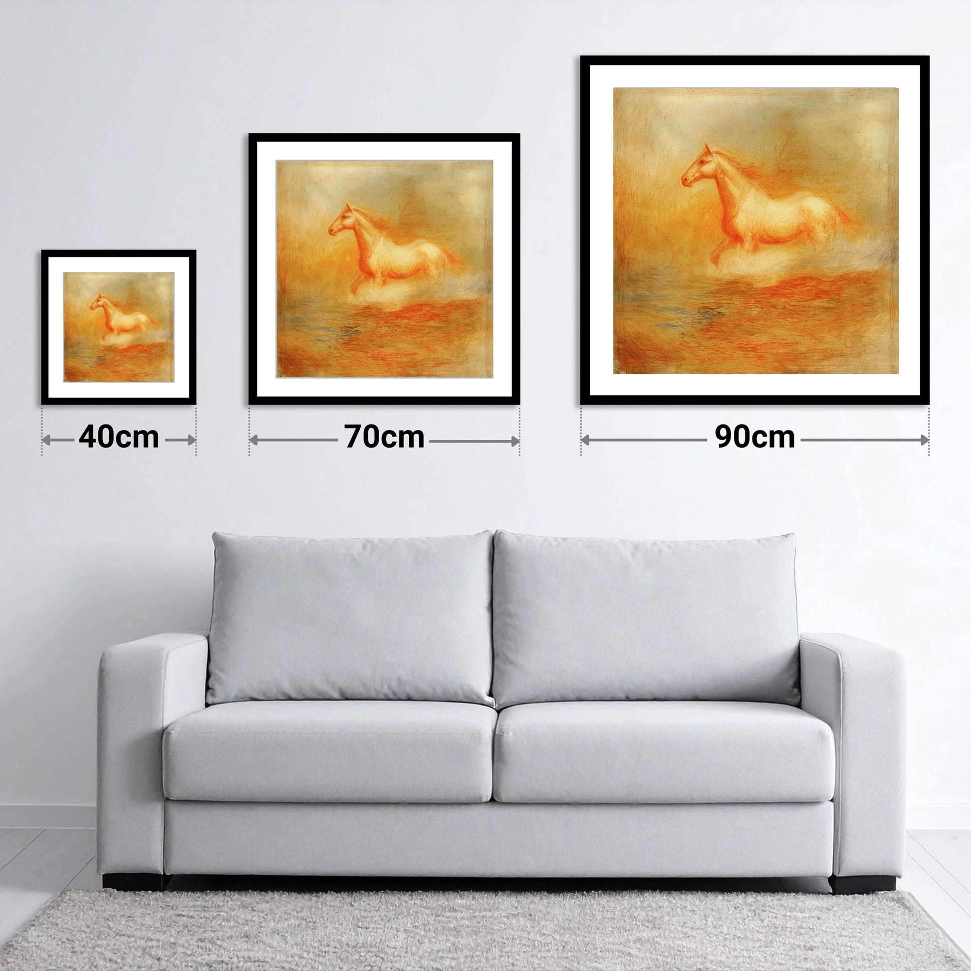 The Ethereal Canter - size guide showing 40cm, 70cm and 90cm art prints