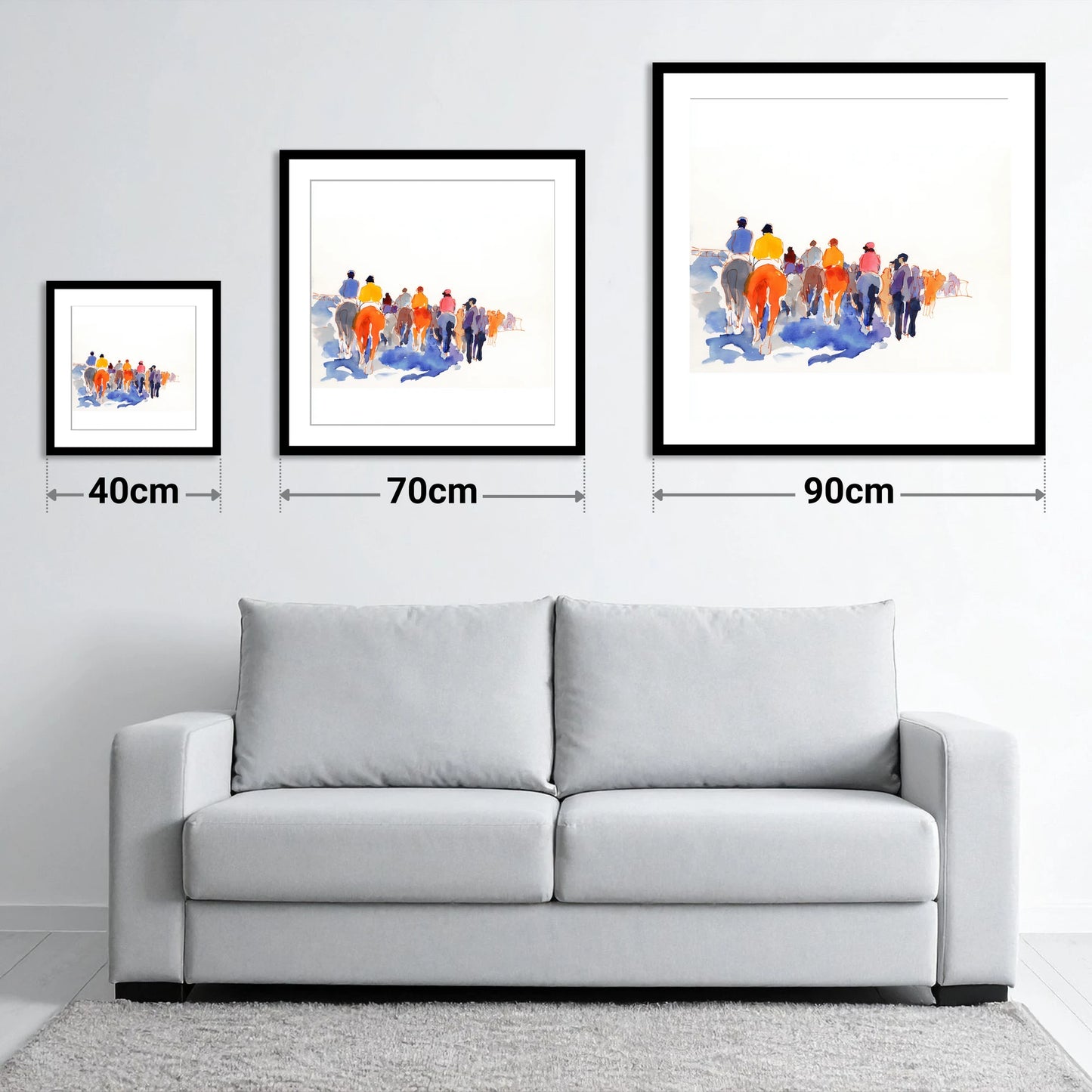 Heading to the Post - size guide showing 40cm, 70cm and 90cm art prints