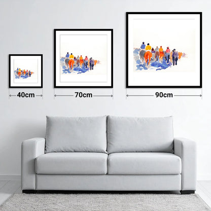 Heading to the Post - size guide showing 40cm, 70cm and 90cm art prints