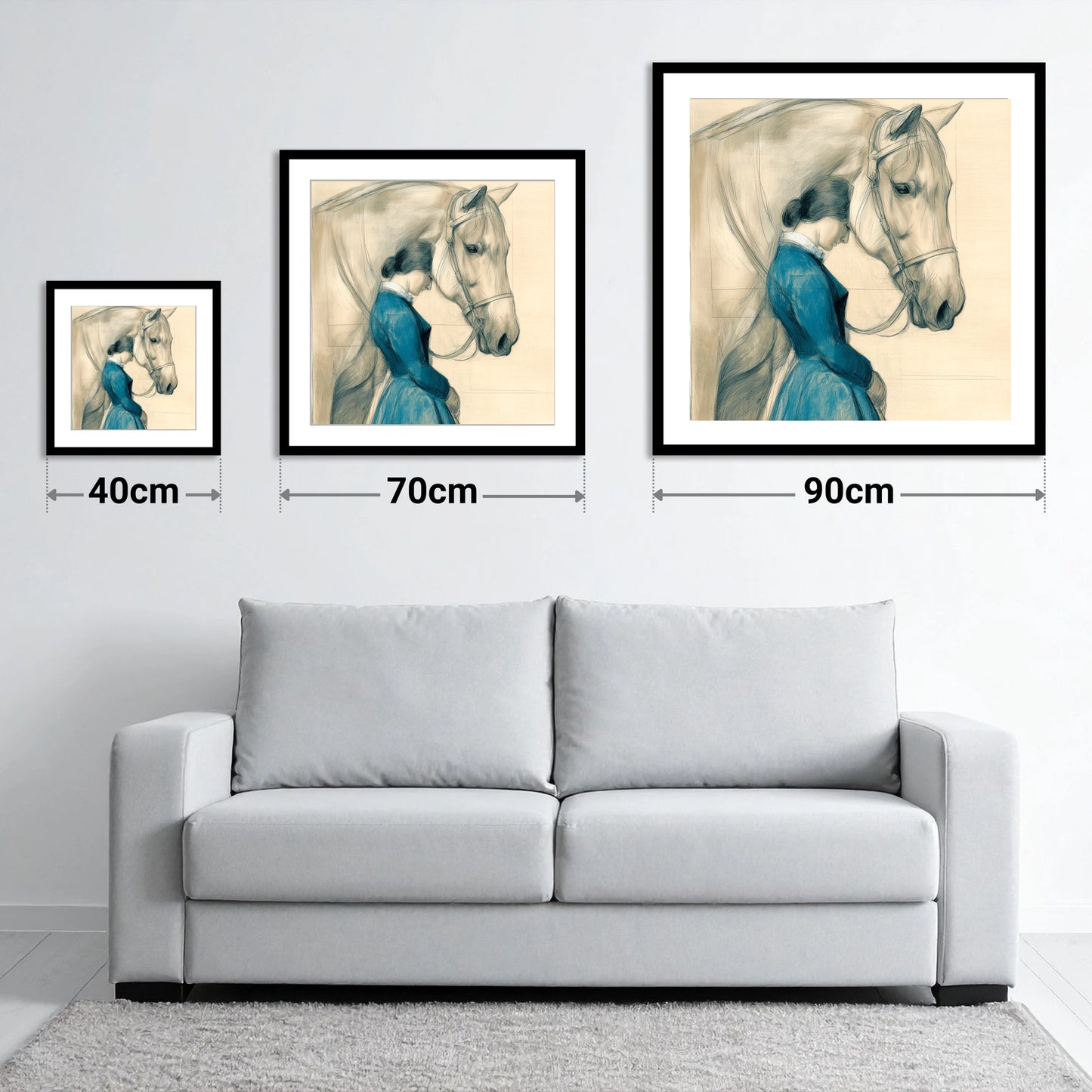 Solace in Stillness - size guide showing 40cm, 70cm and 90cm art prints