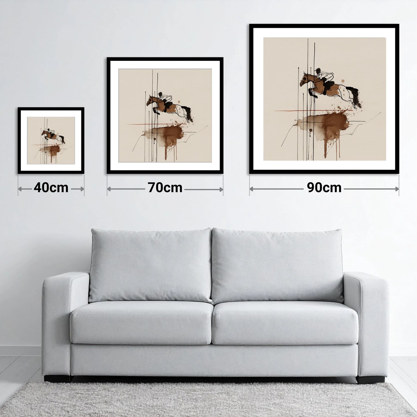 Dynamic Clearance - size guide showing 40cm, 70cm and 90cm art prints
