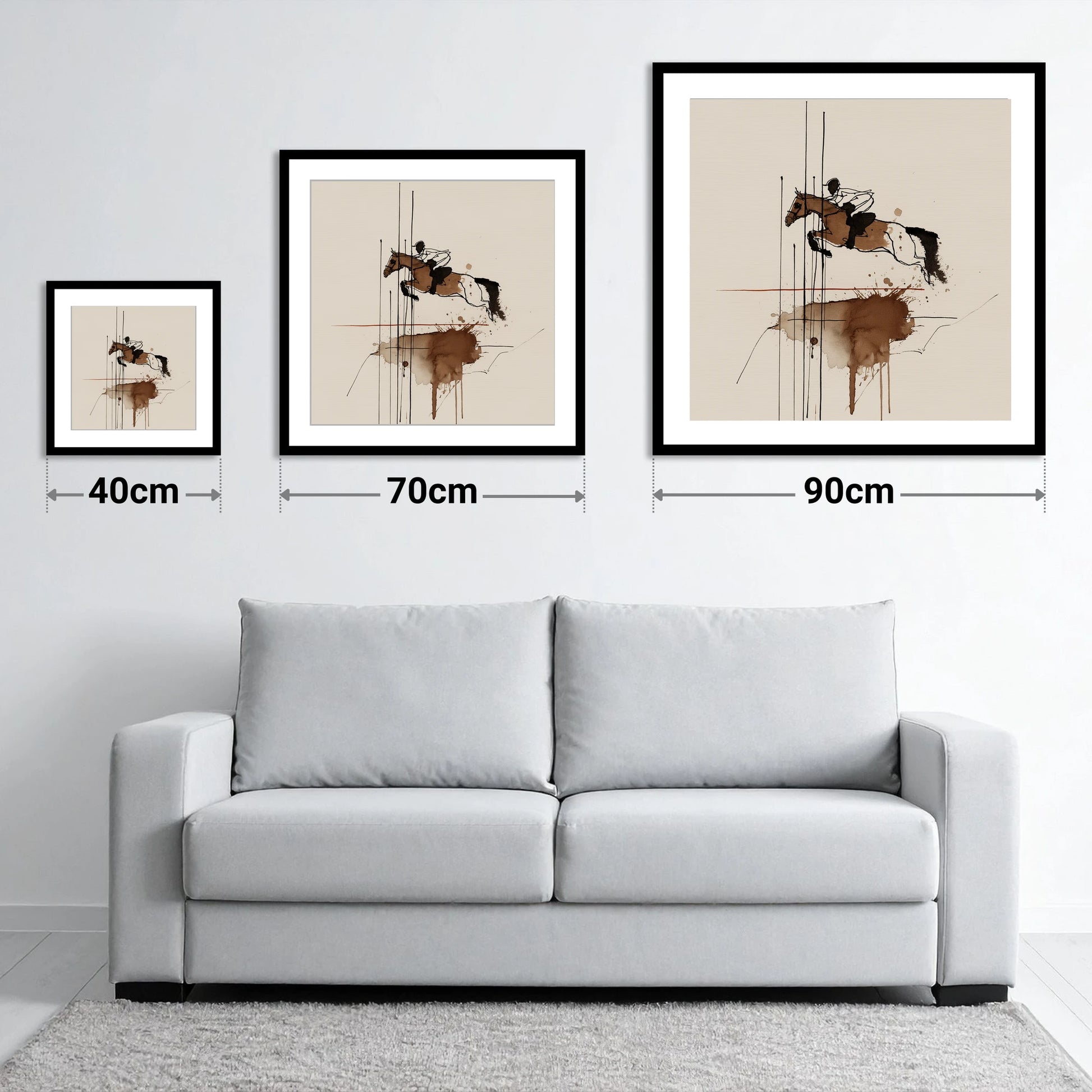 Dynamic Clearance - size guide showing 40cm, 70cm and 90cm art prints