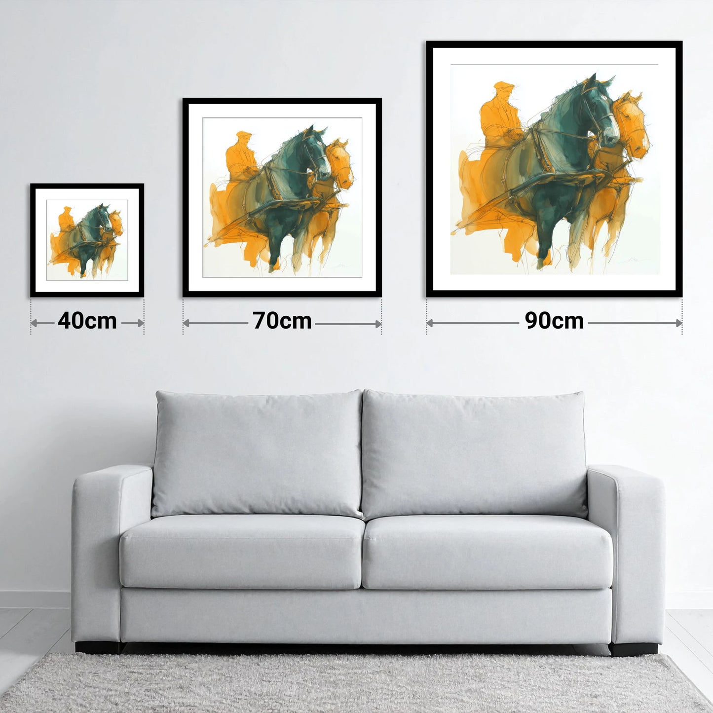 Harnessed Momentum - size guide showing 40cm, 70cm and 90cm art prints