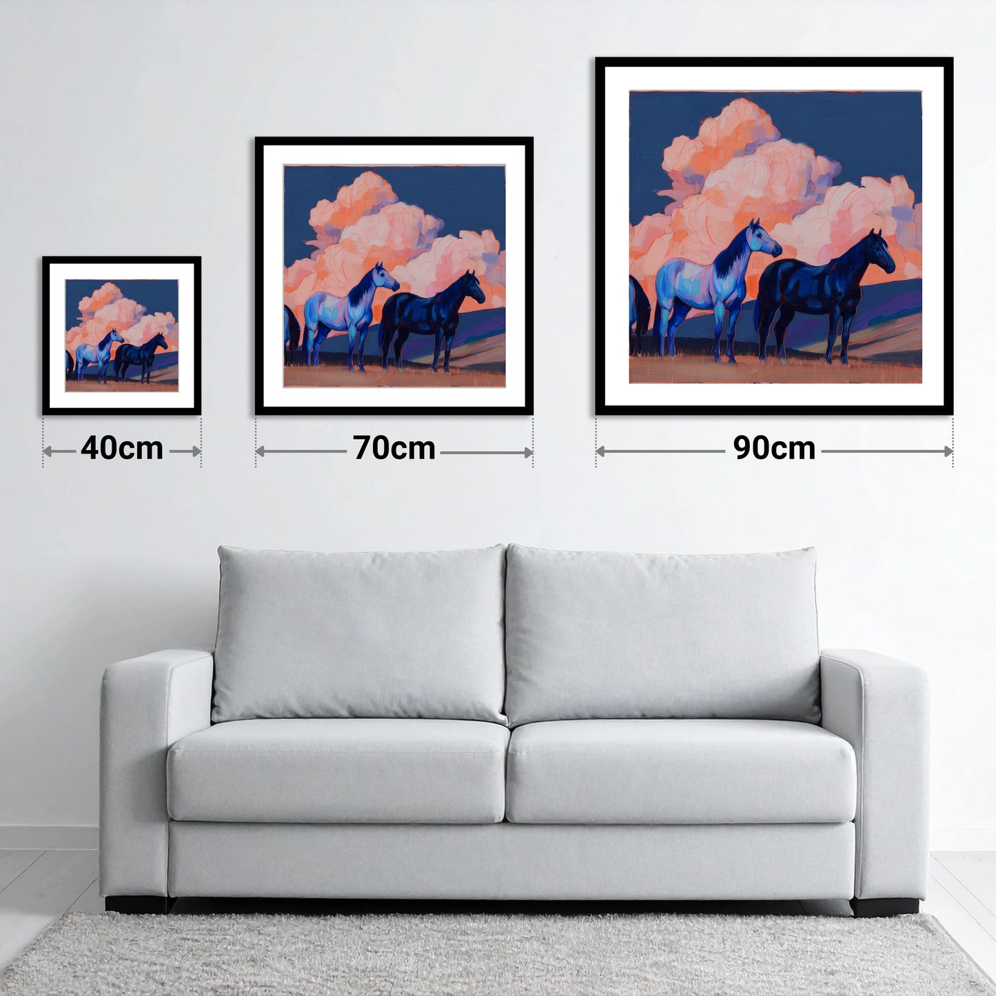 Indigo Horses Beneath Pastel Skies - size guide showing 40cm, 70cm and 90cm art prints