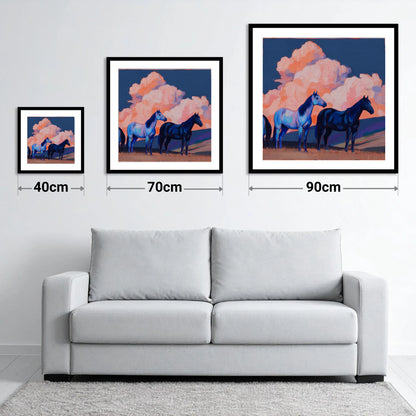 Indigo Horses Beneath Pastel Skies - size guide showing 40cm, 70cm and 90cm art prints