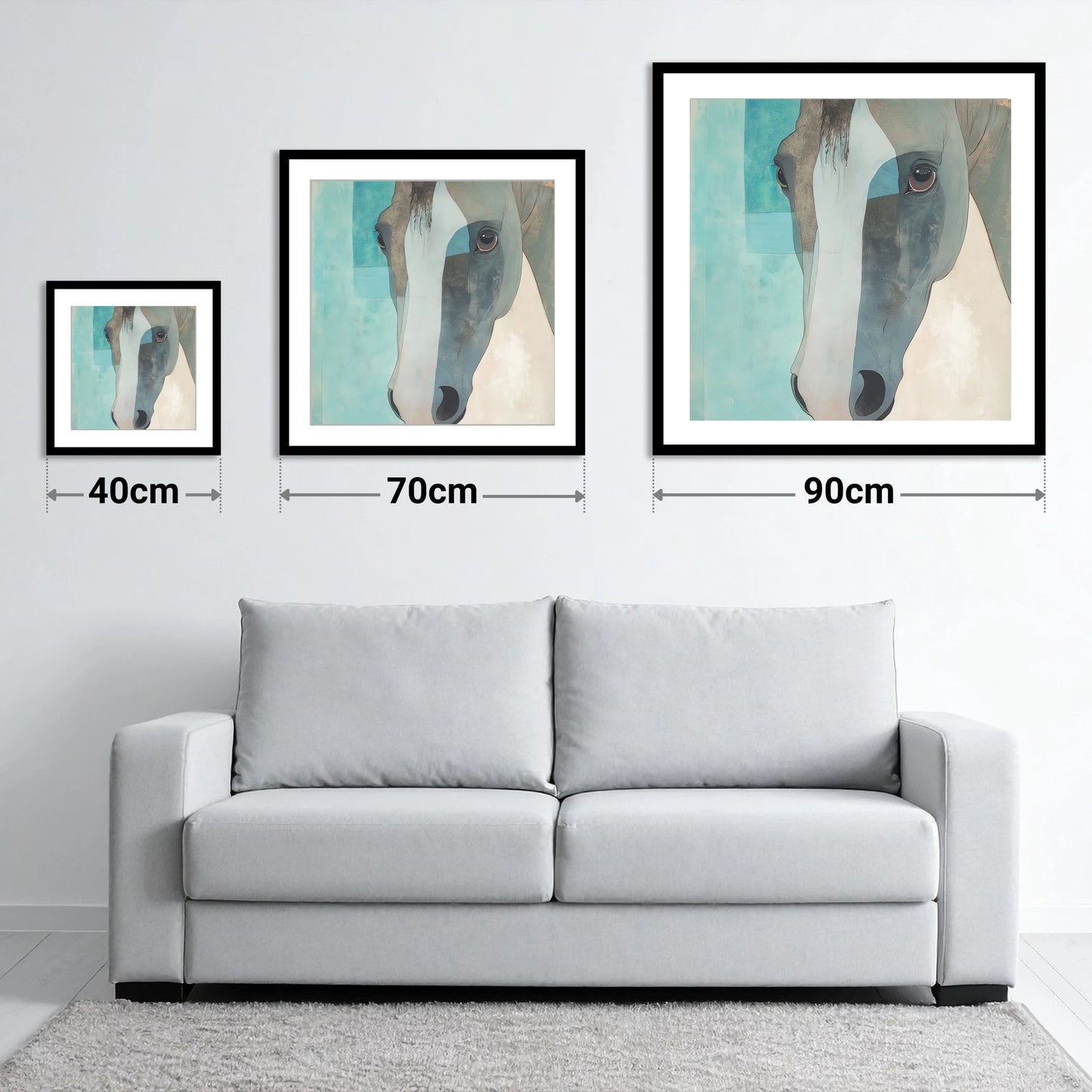 Modern Grey Gaze - size guide showing 40cm, 70cm and 90cm art prints