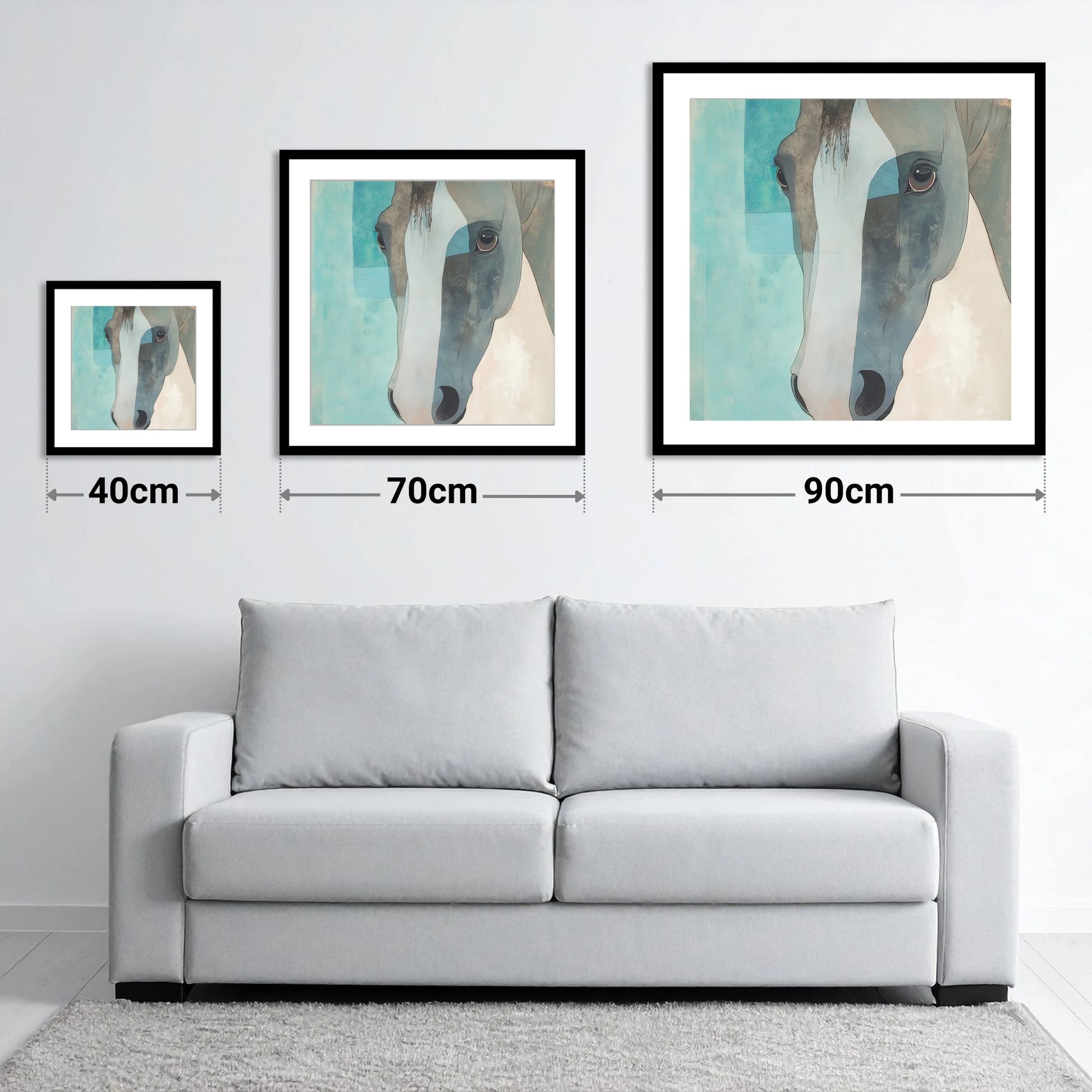 Modern Grey Gaze - size guide showing 40cm, 70cm and 90cm art prints