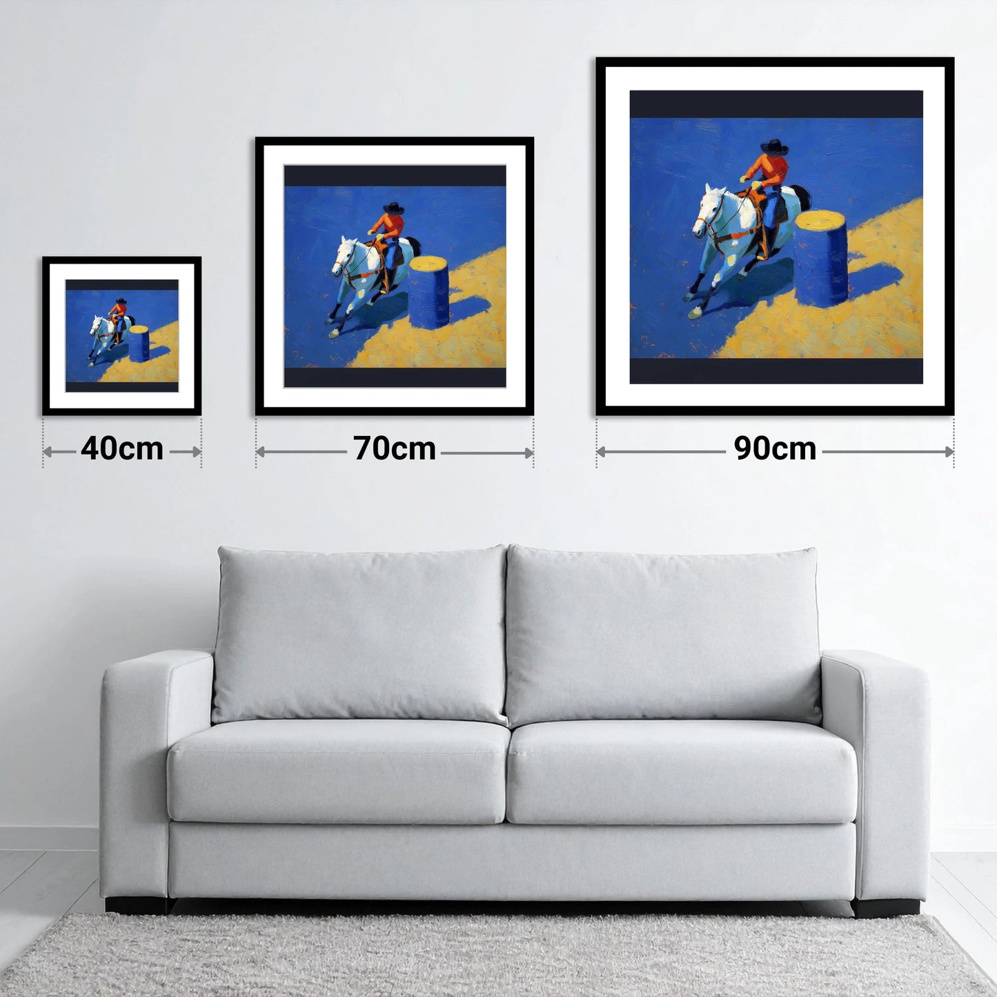 Blue Barrel Turn - size guide showing 40cm, 70cm and 90cm art prints