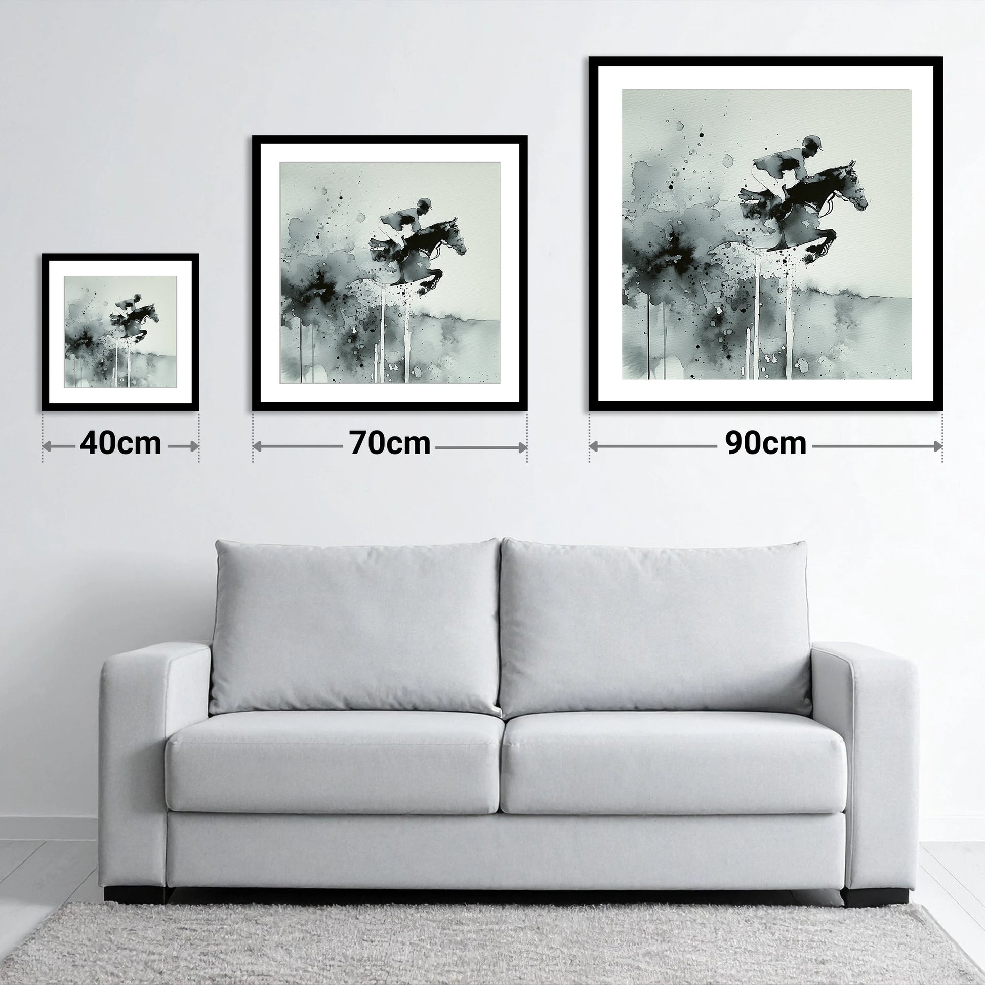 Airborne Shadows - size guide showing 40cm, 70cm and 90cm art prints