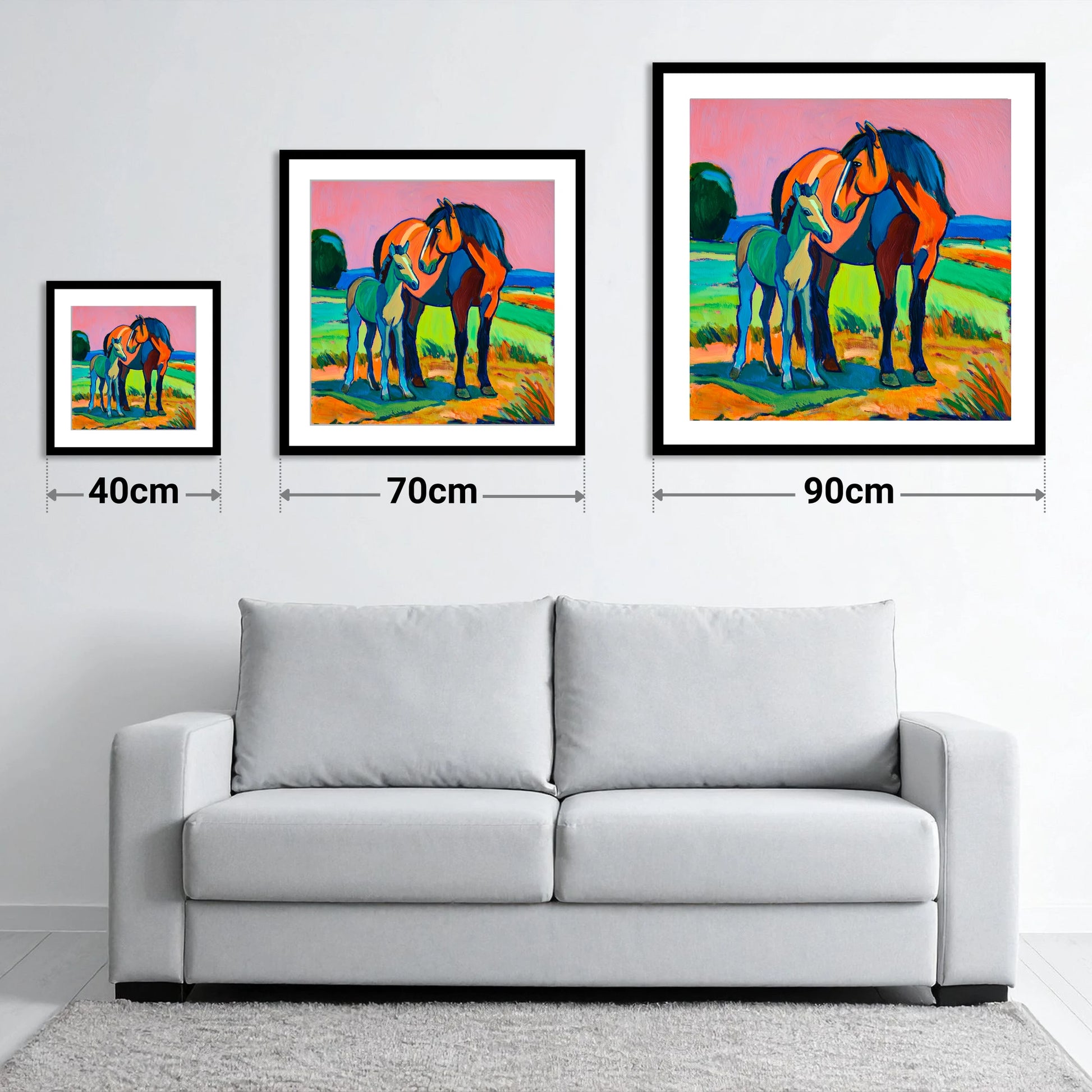 Vivid Bonds - size guide showing 40cm, 70cm and 90cm art prints