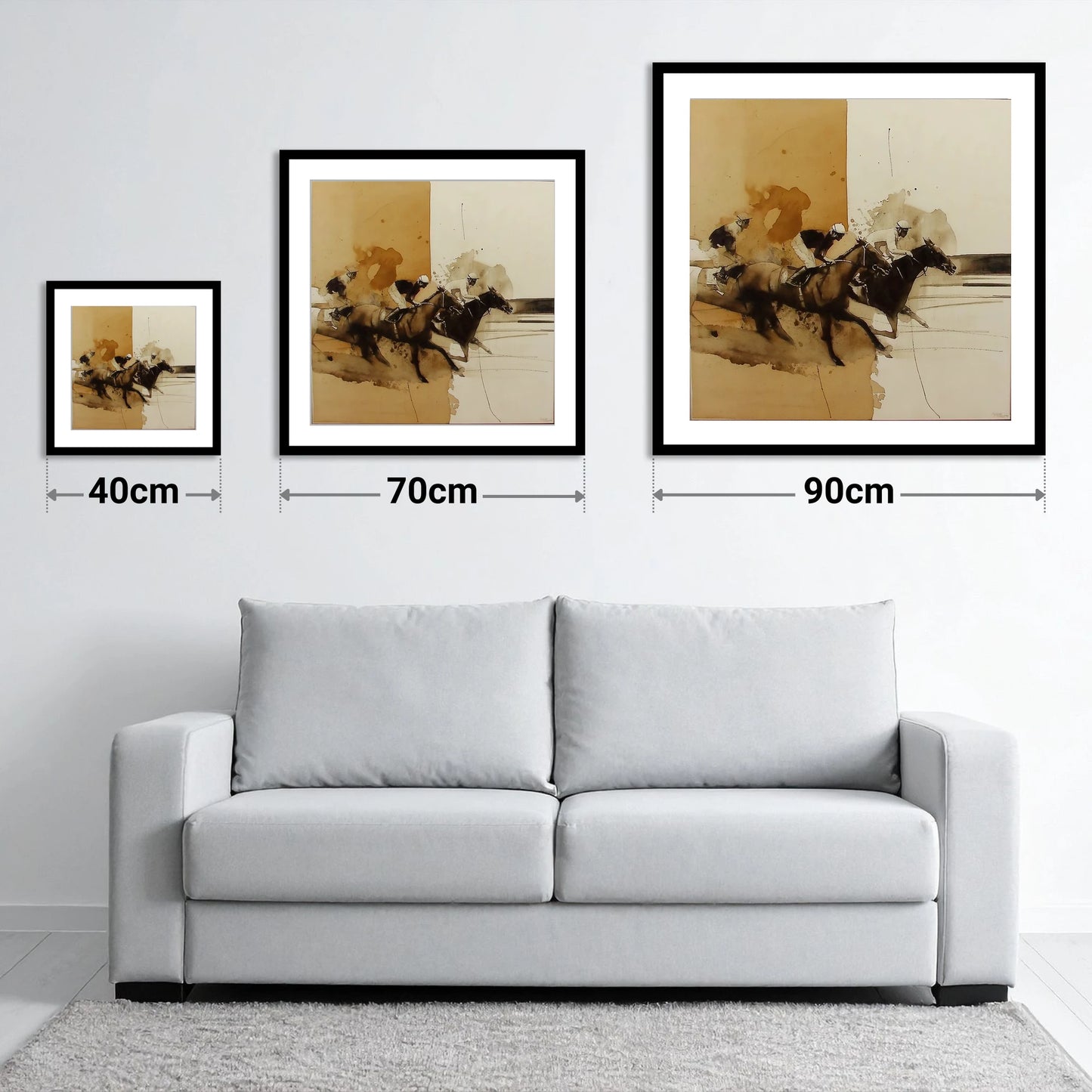 Dust and Glory - size guide showing 40cm, 70cm and 90cm art prints