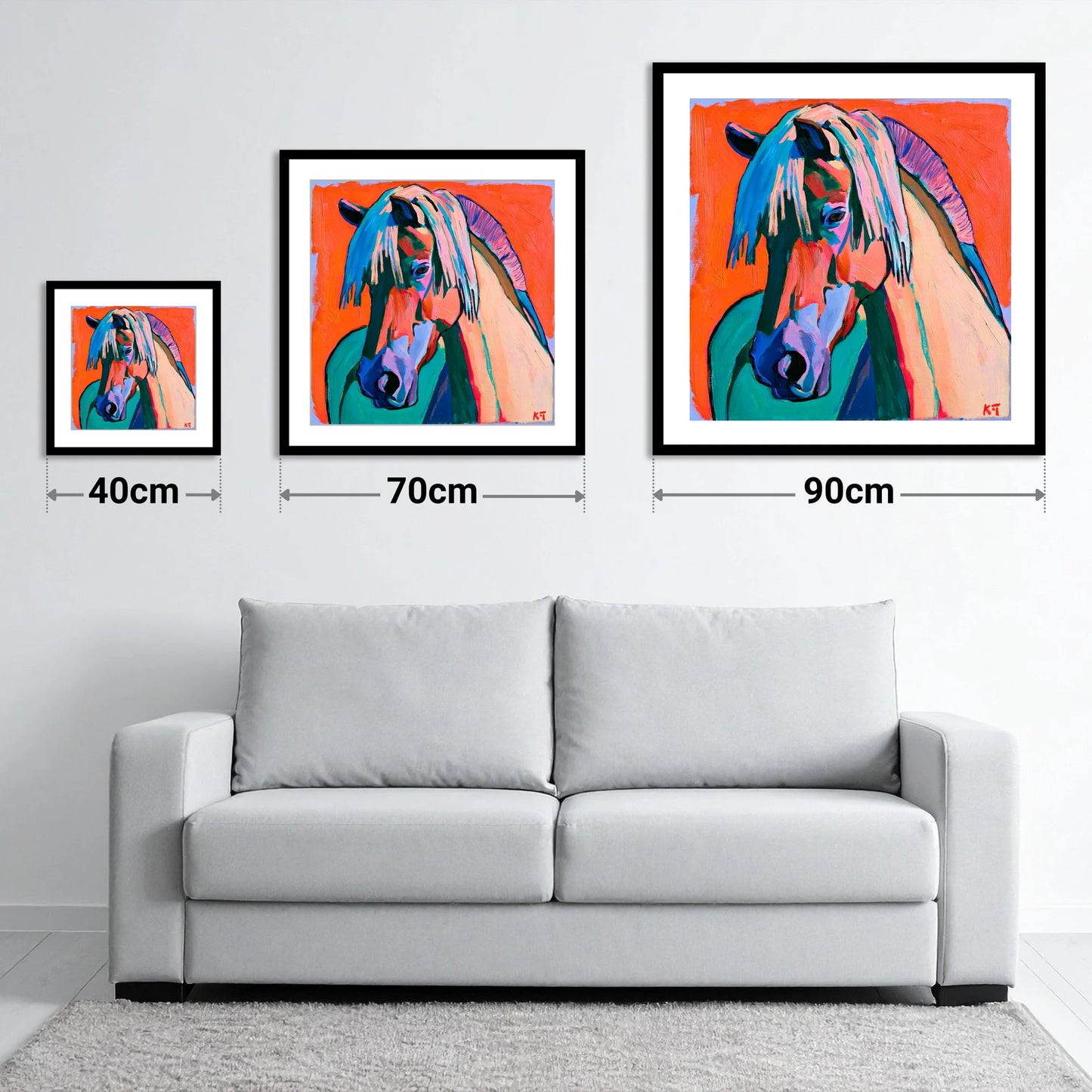 Vibrant Fjord Horse Portrait - size guide showing 40cm, 70cm and 90cm art prints