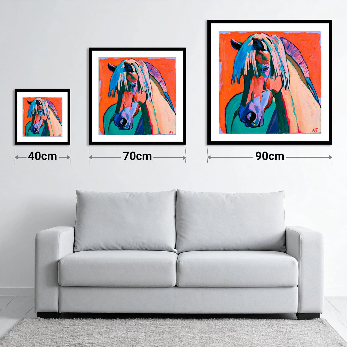 Vibrant Fjord Horse Portrait - size guide showing 40cm, 70cm and 90cm art prints