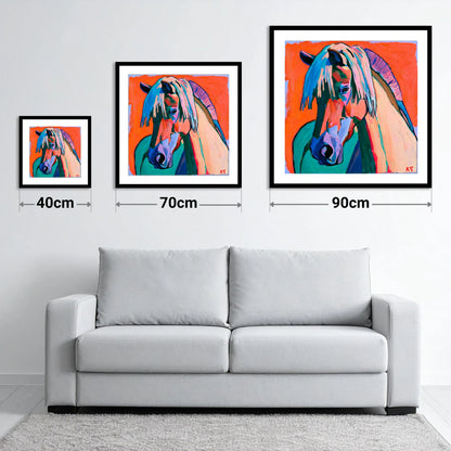 Vibrant Fjord Horse Portrait - size guide showing 40cm, 70cm and 90cm art prints