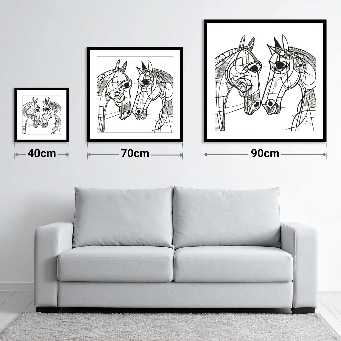 Structural Equine Bond - size guide showing 40cm, 70cm and 90cm art prints
