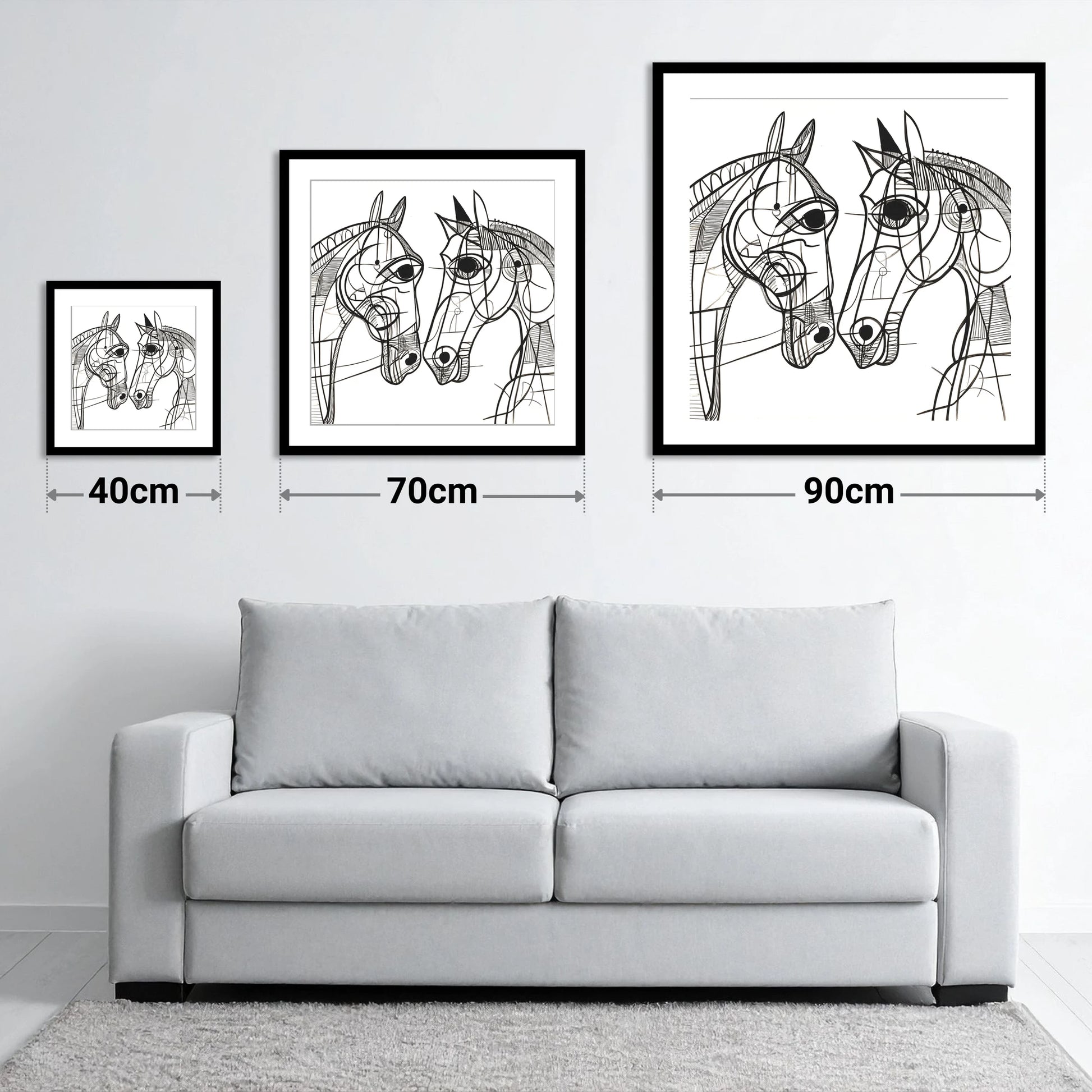 Structural Equine Bond - size guide showing 40cm, 70cm and 90cm art prints