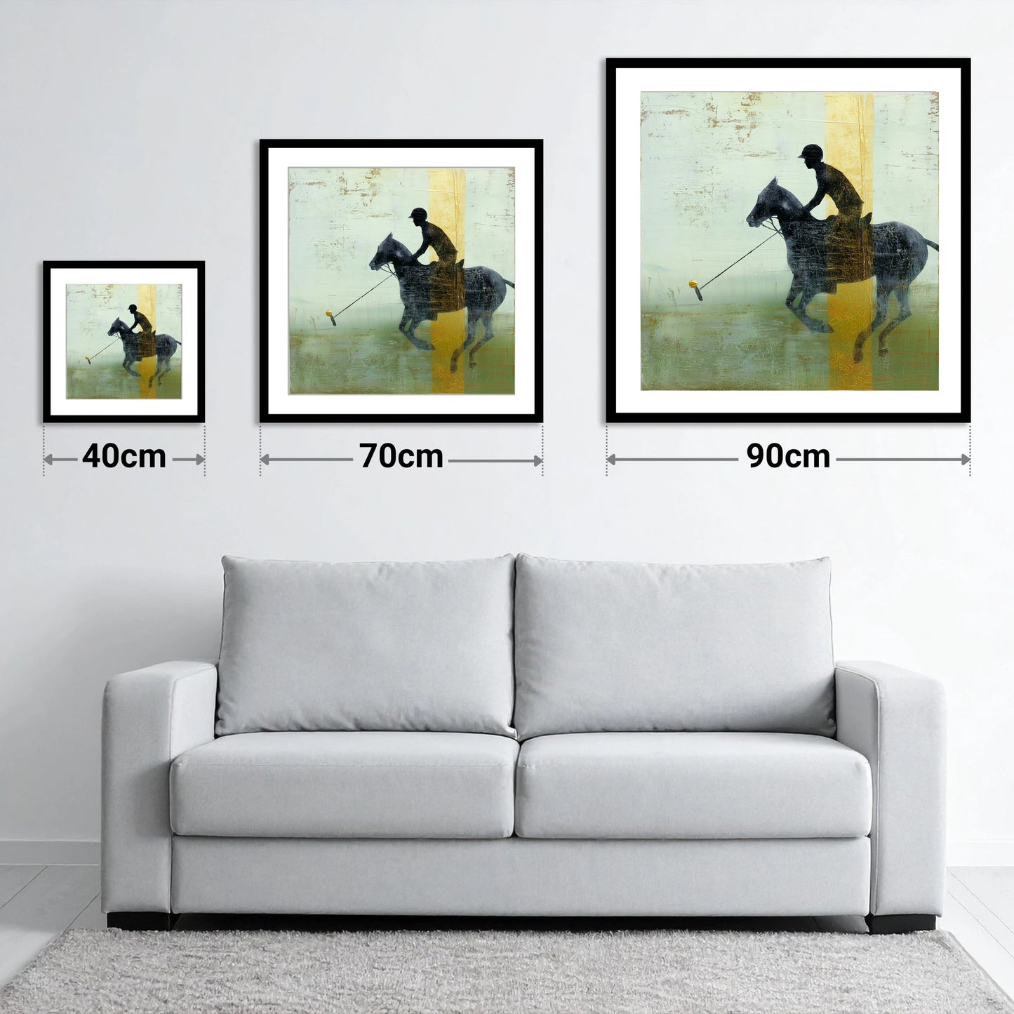 Gilded Chukka - size guide showing 40cm, 70cm and 90cm art prints