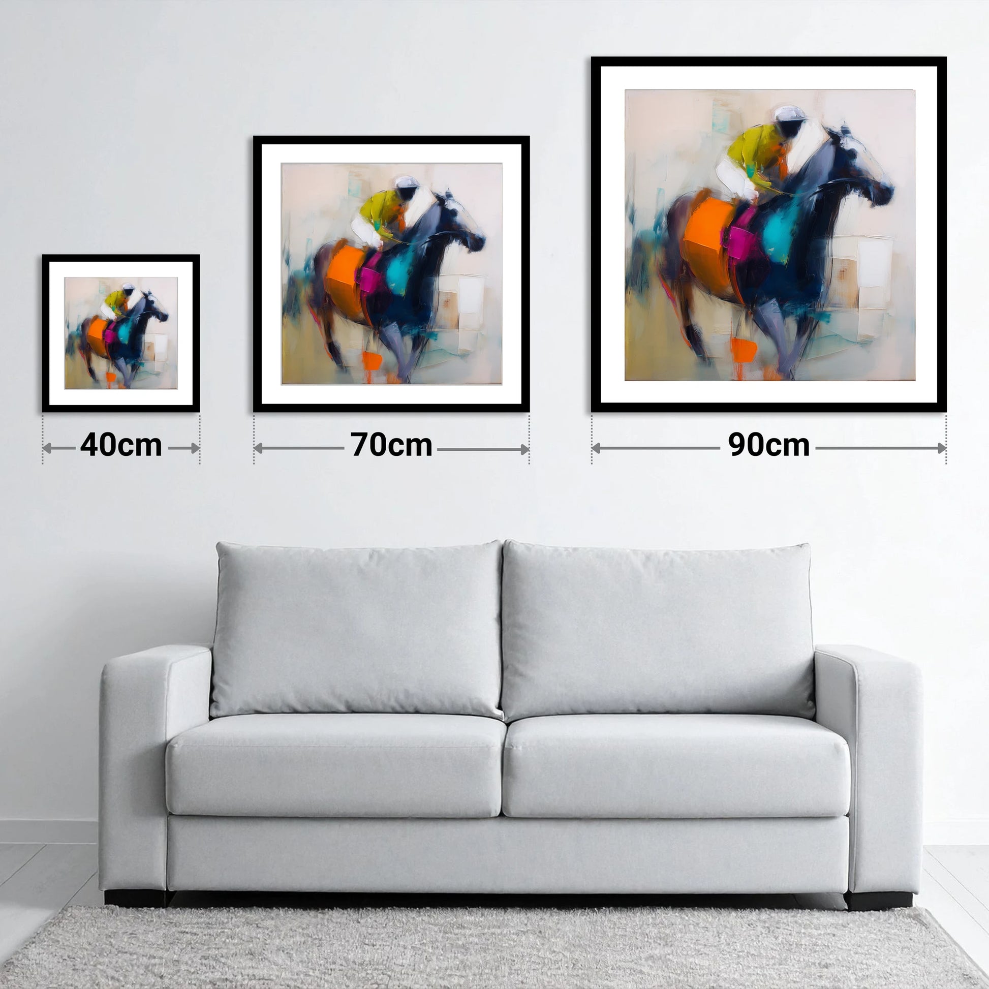 The Colour of Speed - size guide showing 40cm, 70cm and 90cm art prints