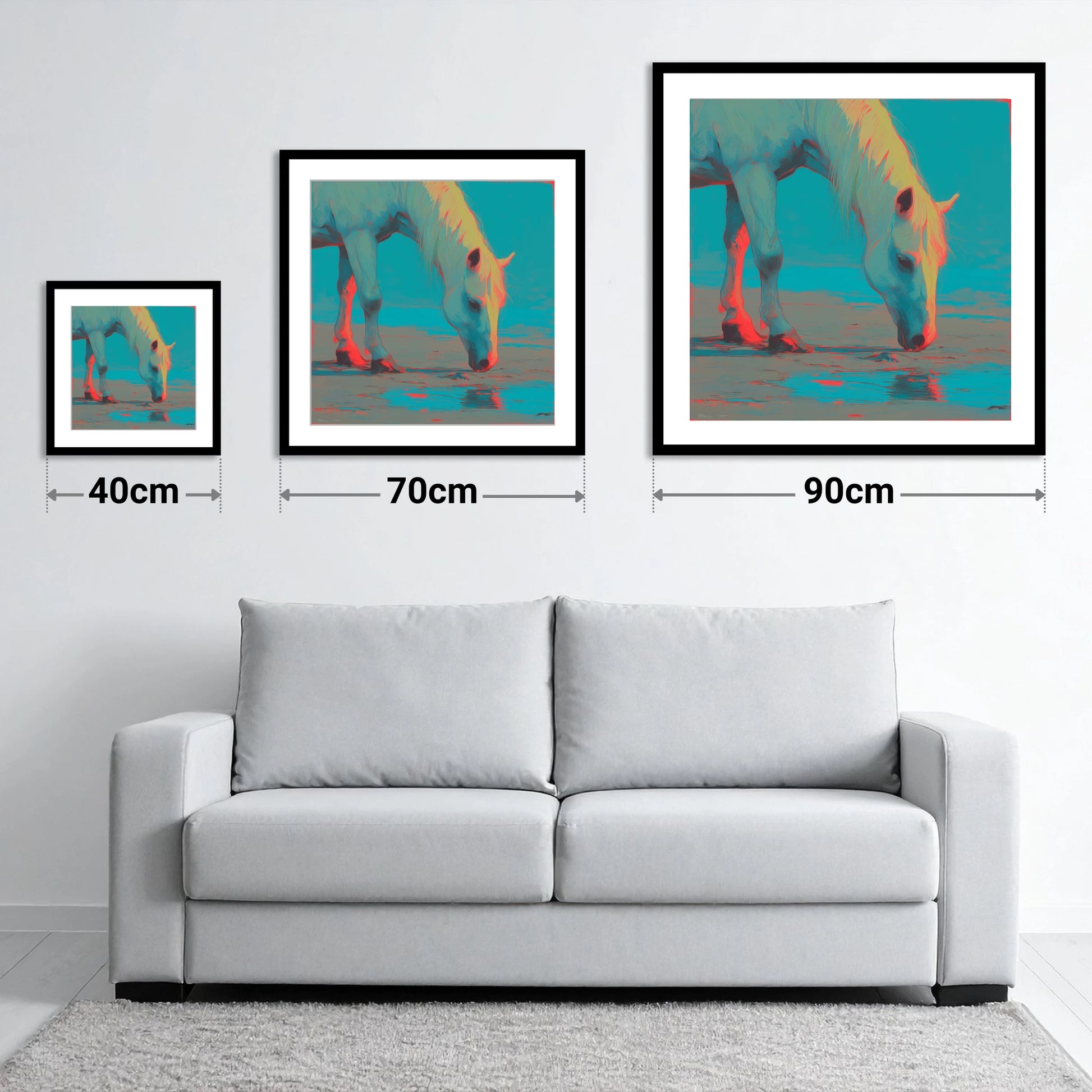 Electric Tide - size guide showing 40cm, 70cm and 90cm art prints