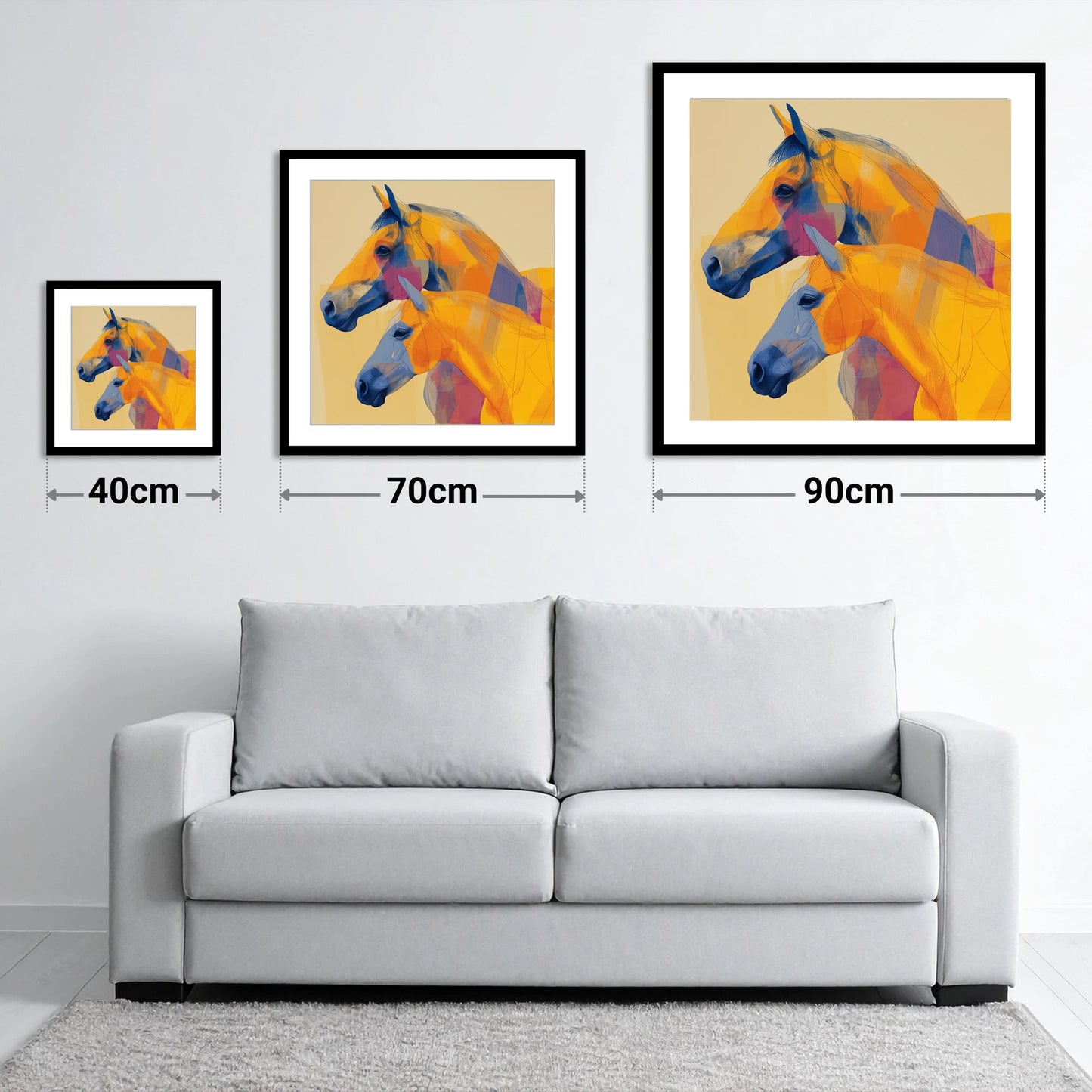 Vibrant Equine Profiles - size guide showing 40cm, 70cm and 90cm art prints