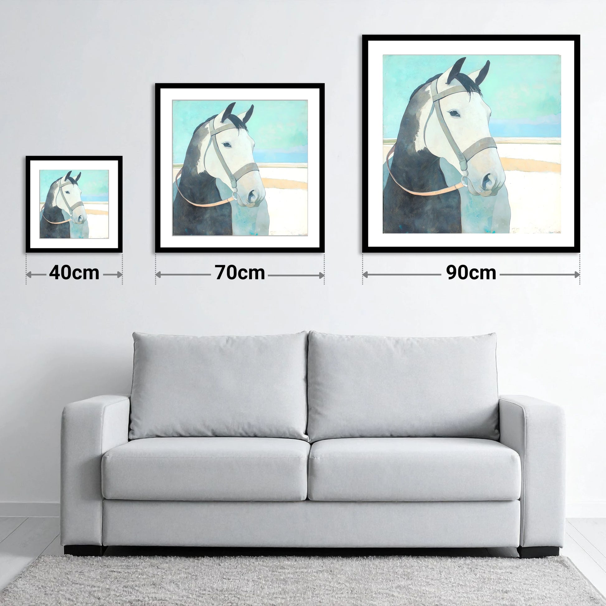 Modern Working Grey - size guide showing 40cm, 70cm and 90cm art prints