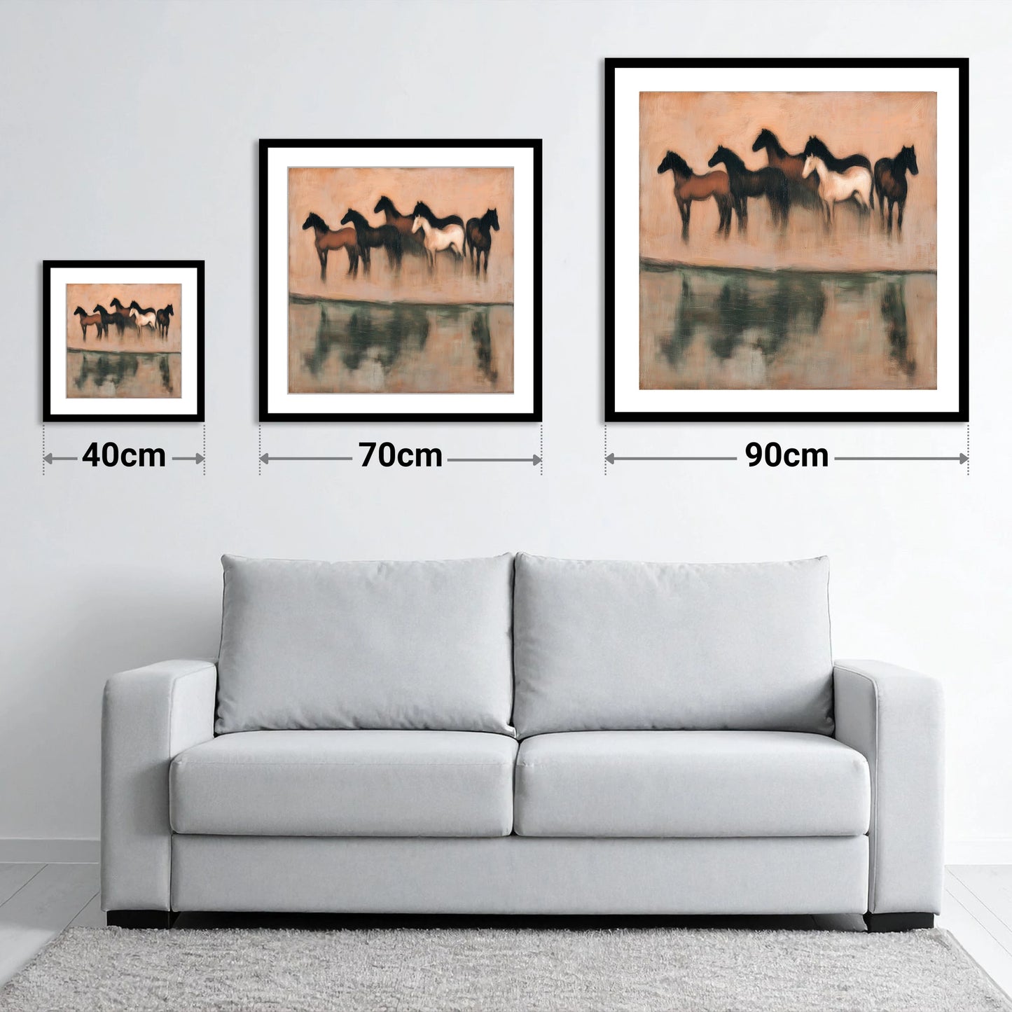 Shadows of the Herd - size guide showing 40cm, 70cm and 90cm art prints