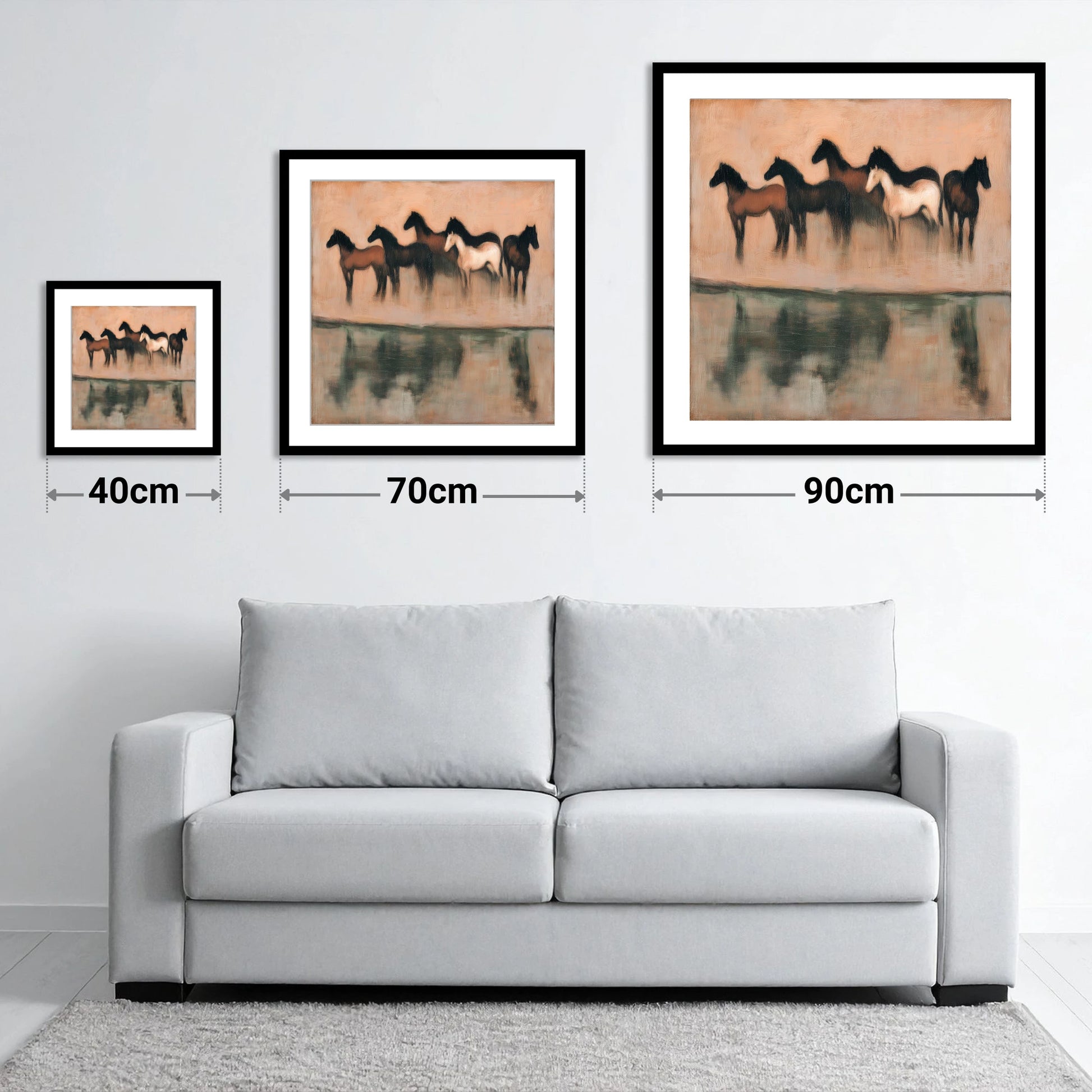 Shadows of the Herd - size guide showing 40cm, 70cm and 90cm art prints
