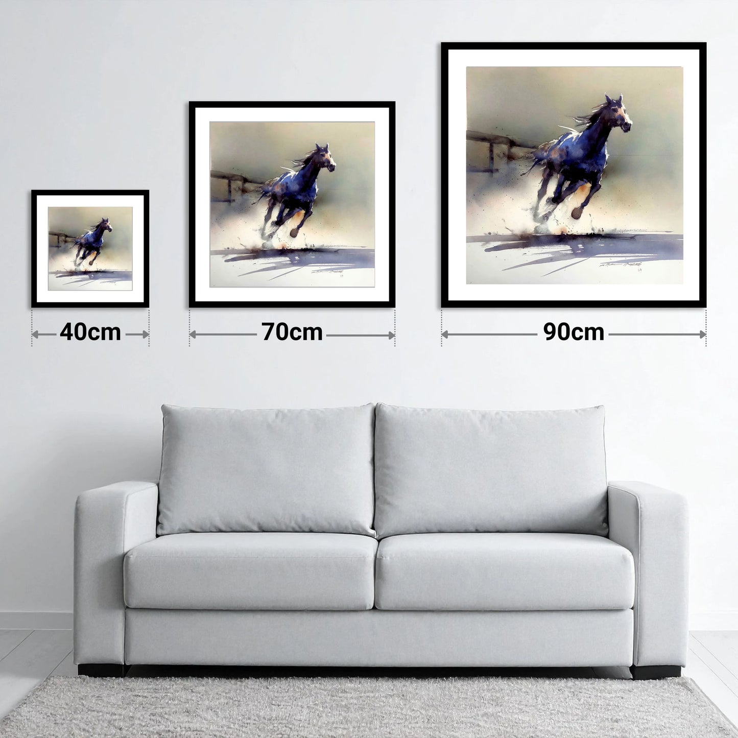 The Breakaway - size guide showing 40cm, 70cm and 90cm art prints