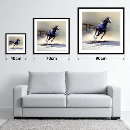The Breakaway - size guide showing 40cm, 70cm and 90cm art prints