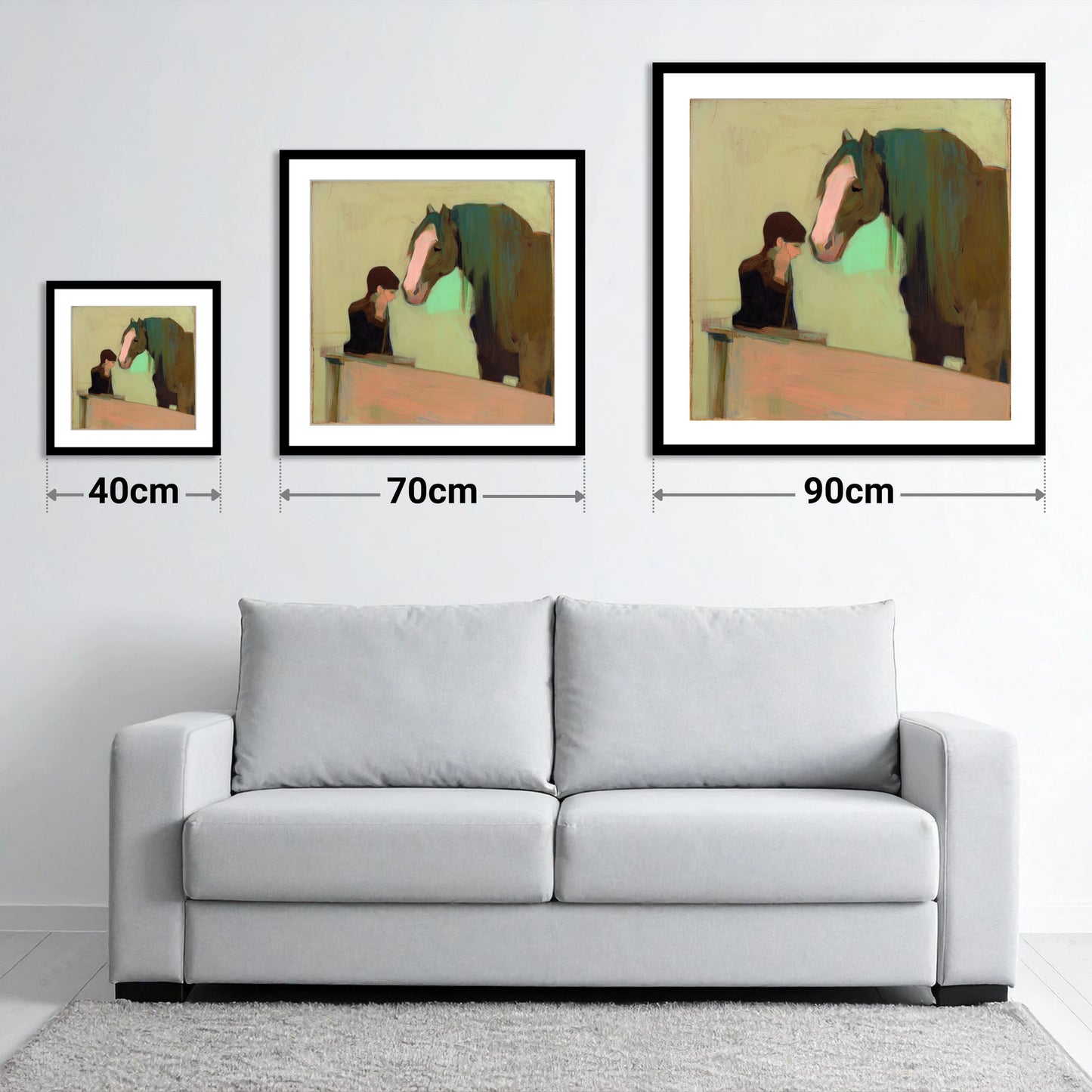Silent Understanding - size guide showing 40cm, 70cm and 90cm art prints