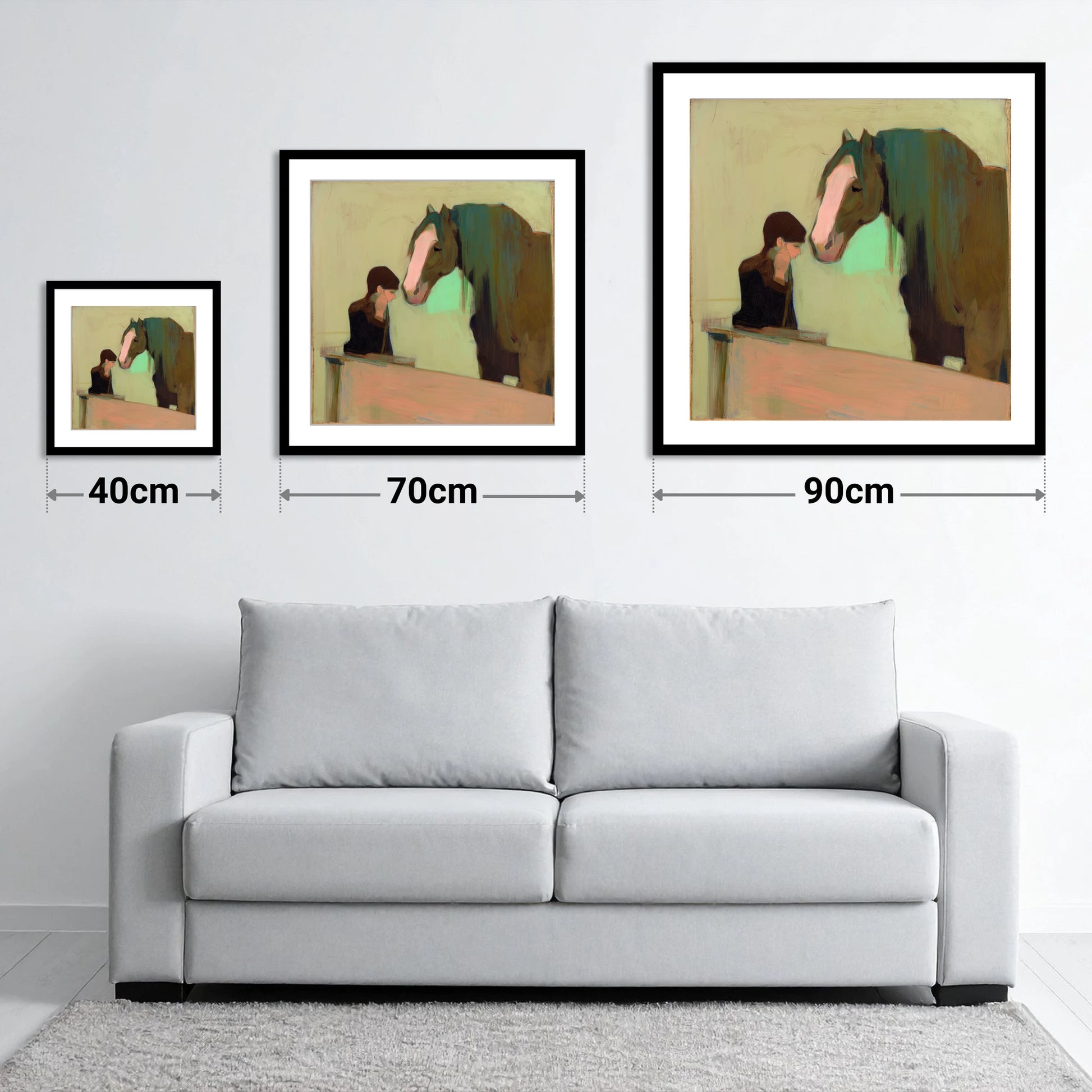 Silent Understanding - size guide showing 40cm, 70cm and 90cm art prints
