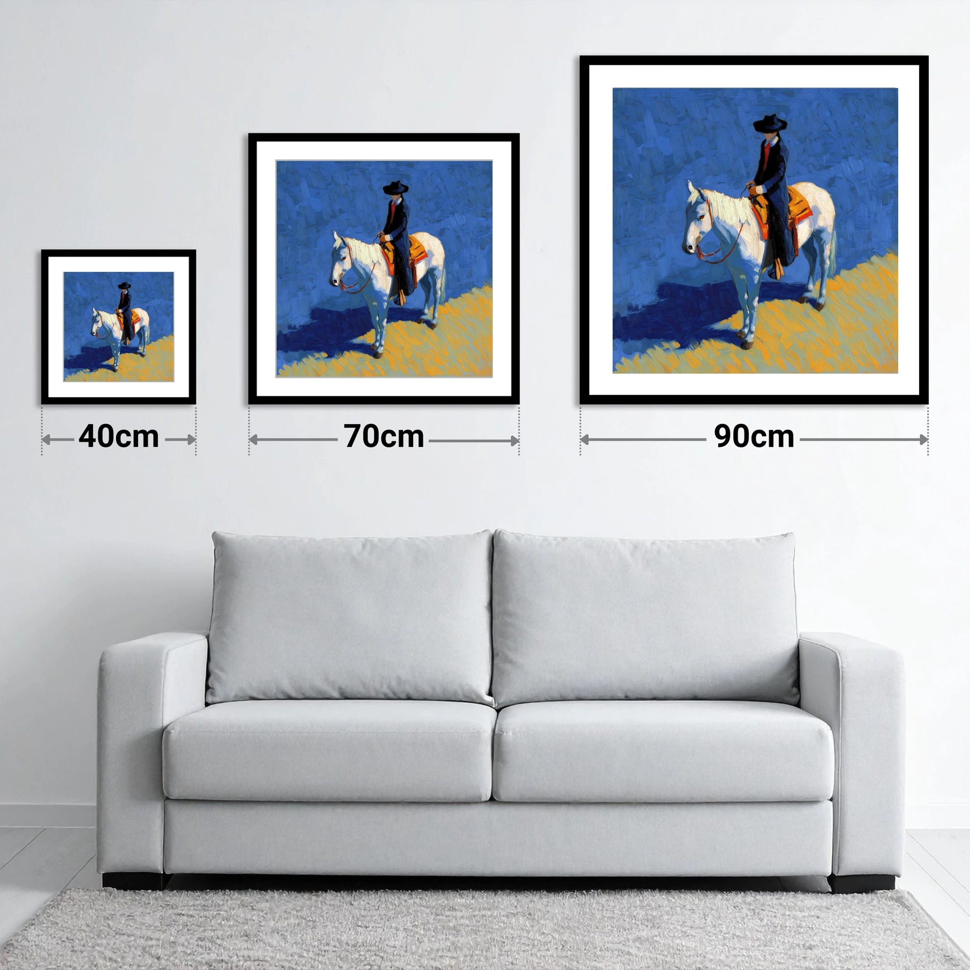 Vaquero in Blue - size guide showing 40cm, 70cm and 90cm art prints