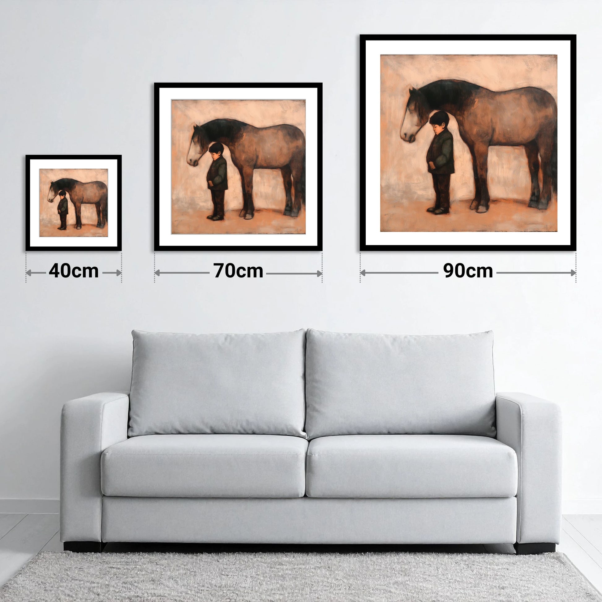 A Quiet Understanding - size guide showing 40cm, 70cm and 90cm art prints