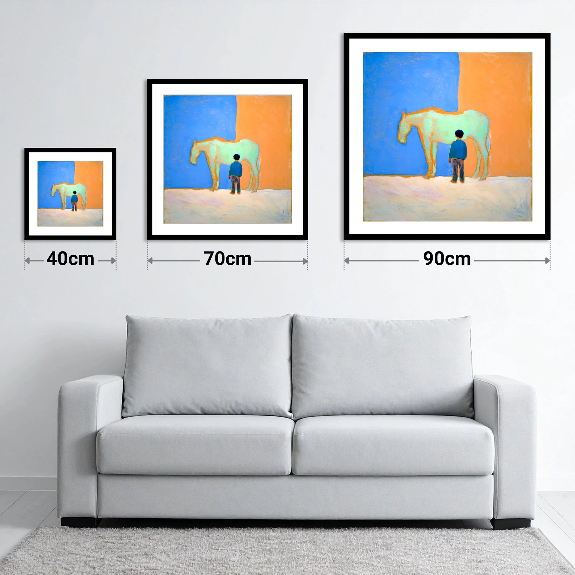 A Silent Understanding - size guide showing 40cm, 70cm and 90cm art prints