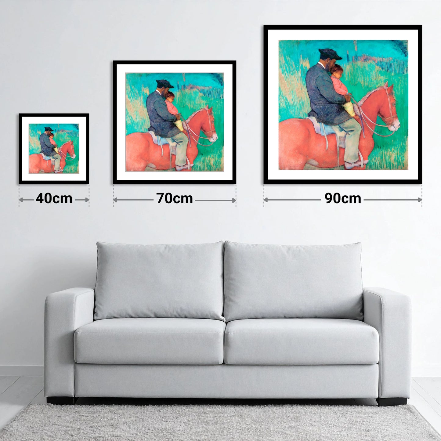 The Shared Ride - size guide showing 40cm, 70cm and 90cm art prints