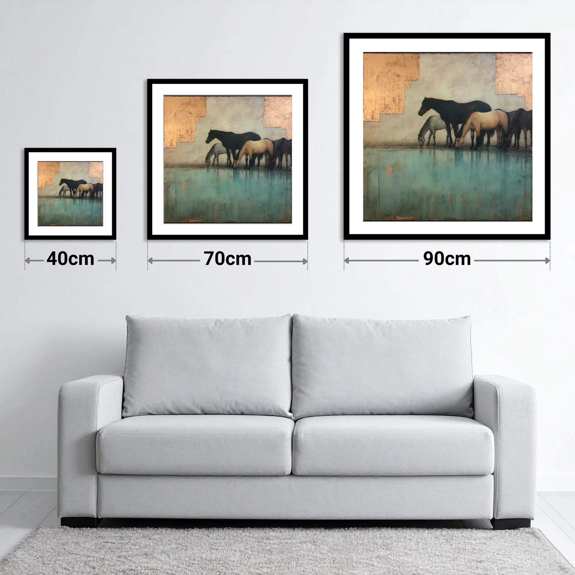 Gilded Equine Reflections - size guide showing 40cm, 70cm and 90cm art prints